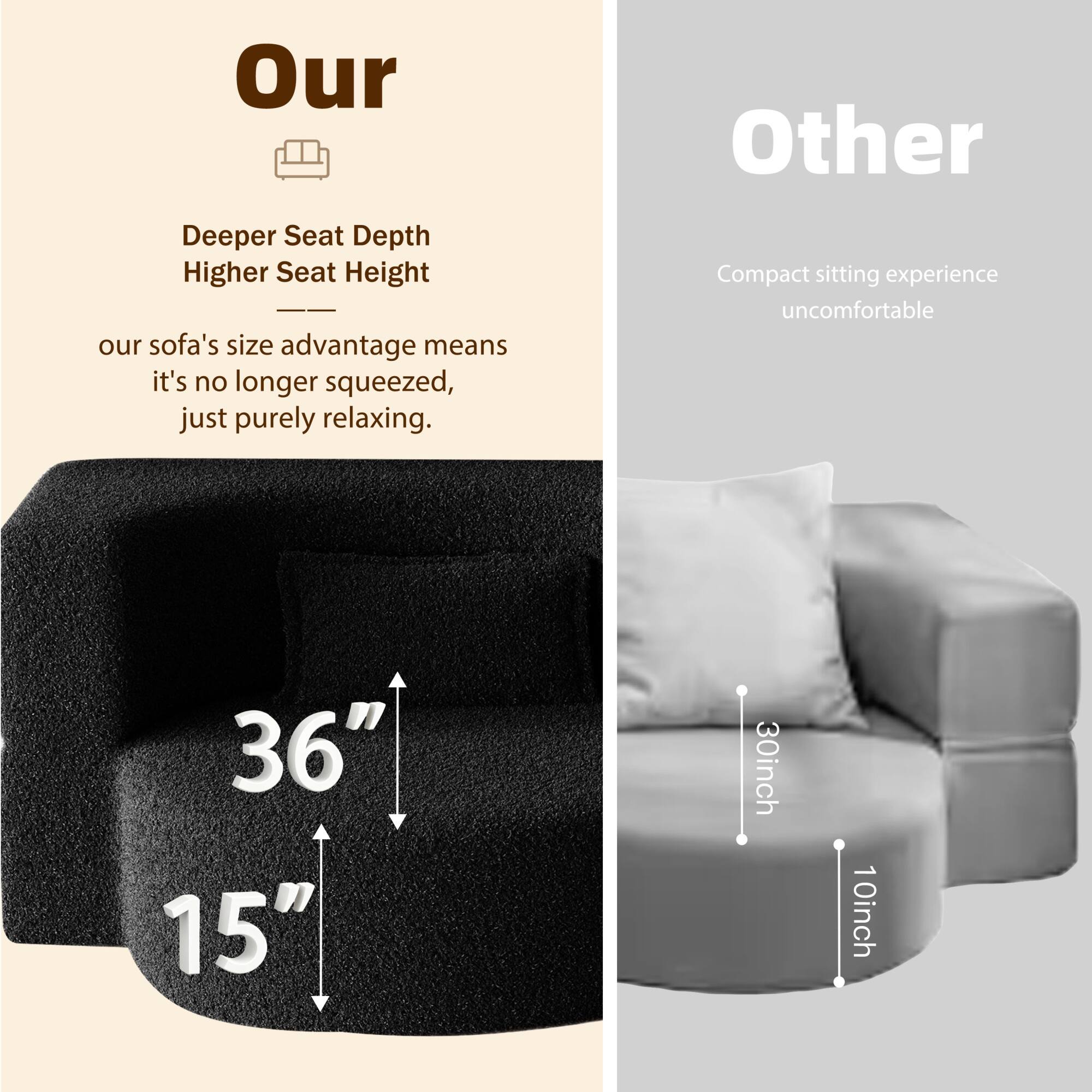 **Our**

- Deeper Seat Depth
- Higher Seat Height

Our sofa's size advantage means it's no longer squeezed, just purely relaxing.

36"  
15"

**Other**

- Compact sitting experience
- Uncomfortable

30inch  
10inch