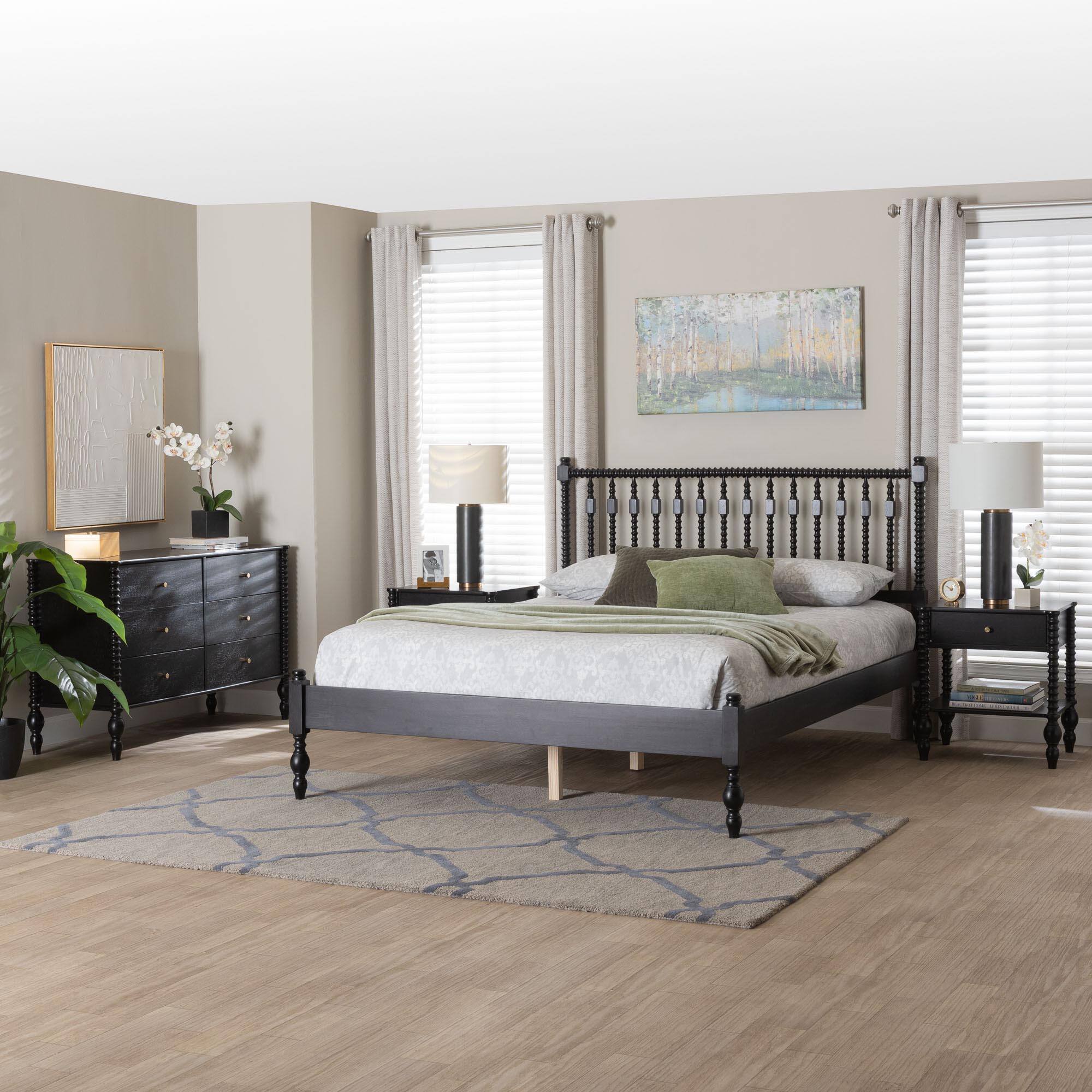 Alt View 7. Baxton Studio - Denita Spindle 4-Piece Bedroom Set - Farmhouse Platform Bed with Matching Dresser and 1-Drawer Nightstands, Full - Black.