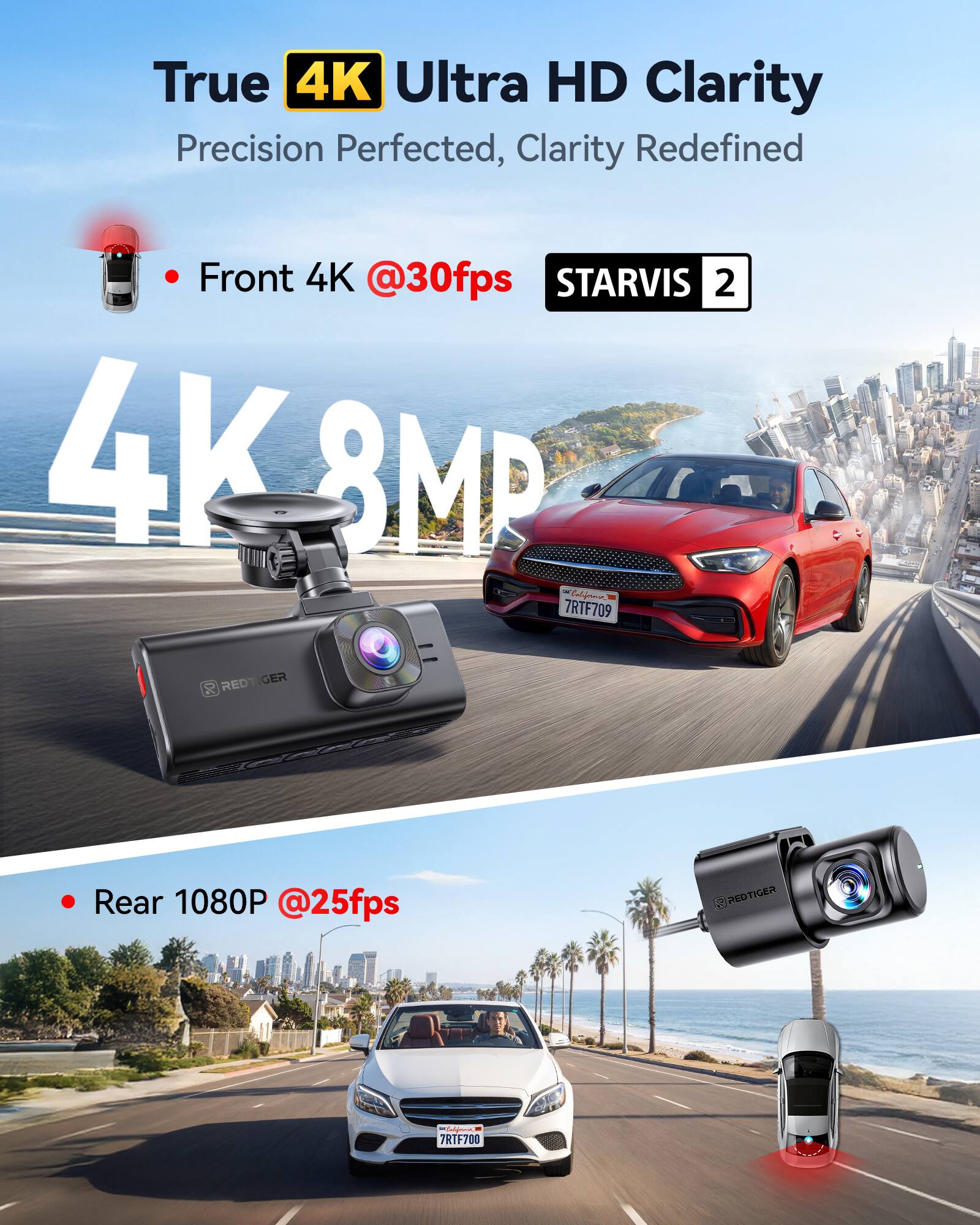 True 4K Ultra HD Clarity  
Precision Perfected, Clarity Redefined  

Front 4K @30fps  
STARVIS 2  

Rear 1080P @25fps  

Calfonn 7RTF709  
REDTIGER  
RED GER 20  

7RTF700
