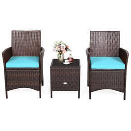 Costway - 3PCS Patio Rattan Furniture Set Cushioned Sofa Glass Tabletop Deck - Blue,Mix Brown