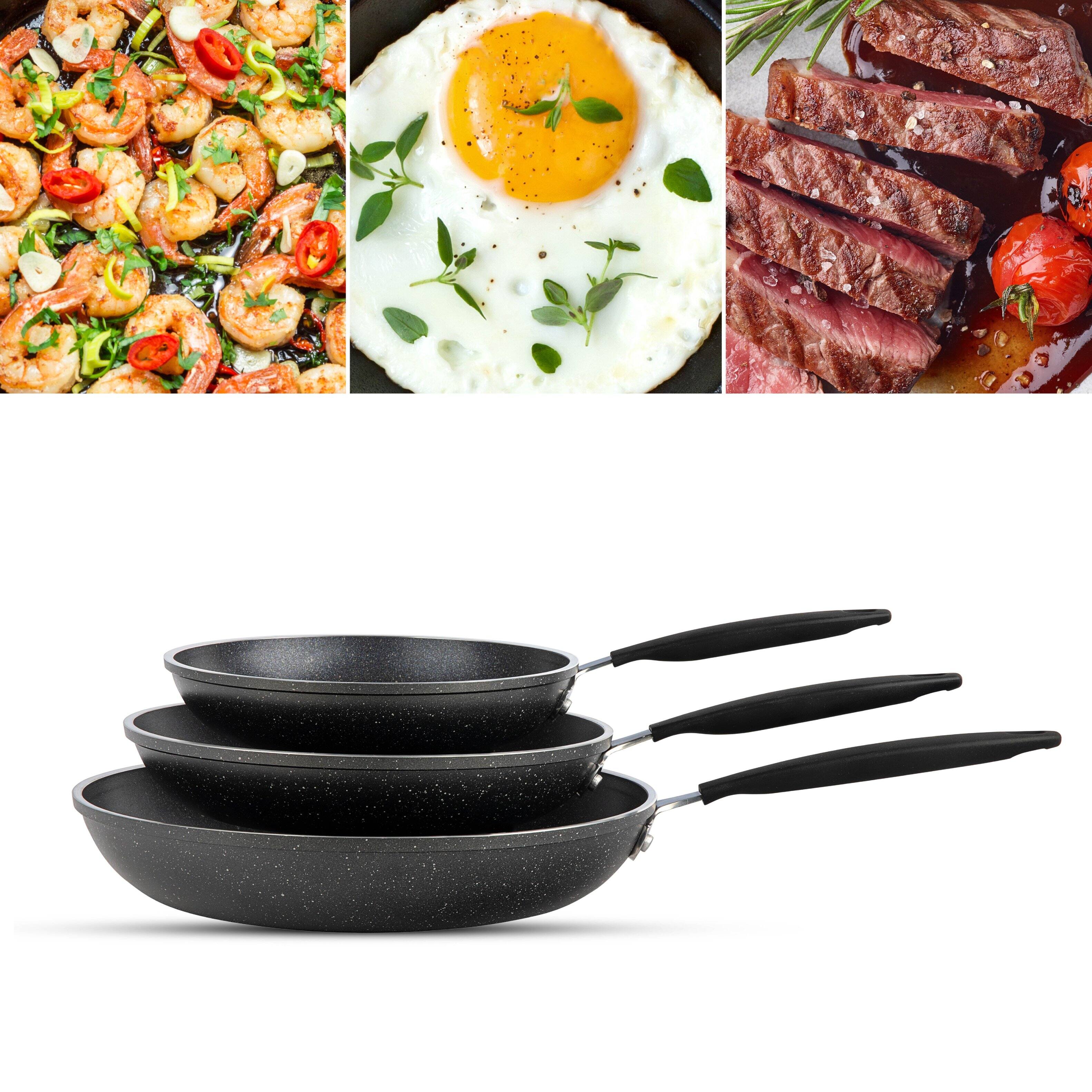 Angle. Granitestone - Granitestone 3 Pack Nonstick Fry Pan Set with Rubber Grib Handle - 8'' 10'' and 12'' - Black.