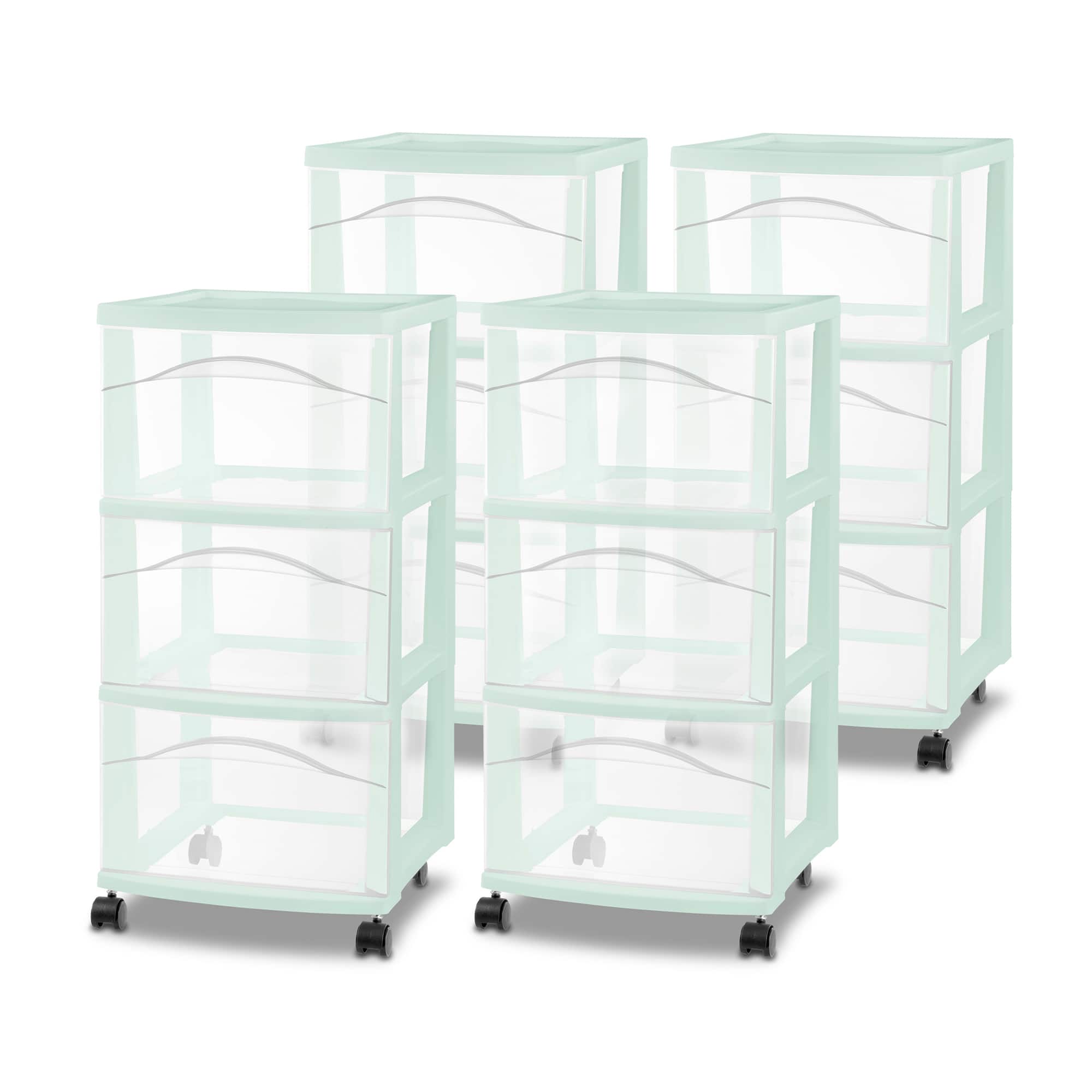 Sterilite - 3 Drawer Storage Cart, Plastic Rolling Organization Cart, 4 Pack - Mint