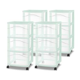 Sterilite - 3 Drawer Storage Cart, Plastic Rolling Organization Cart, 4 Pack - Mint