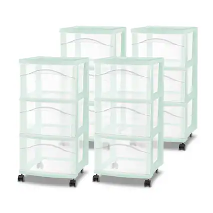 Front. Sterilite - Sterilite 3 Drawer Storage Cart, Plastic Rolling Organization Cart, Mint, 4 Pack - Mint.