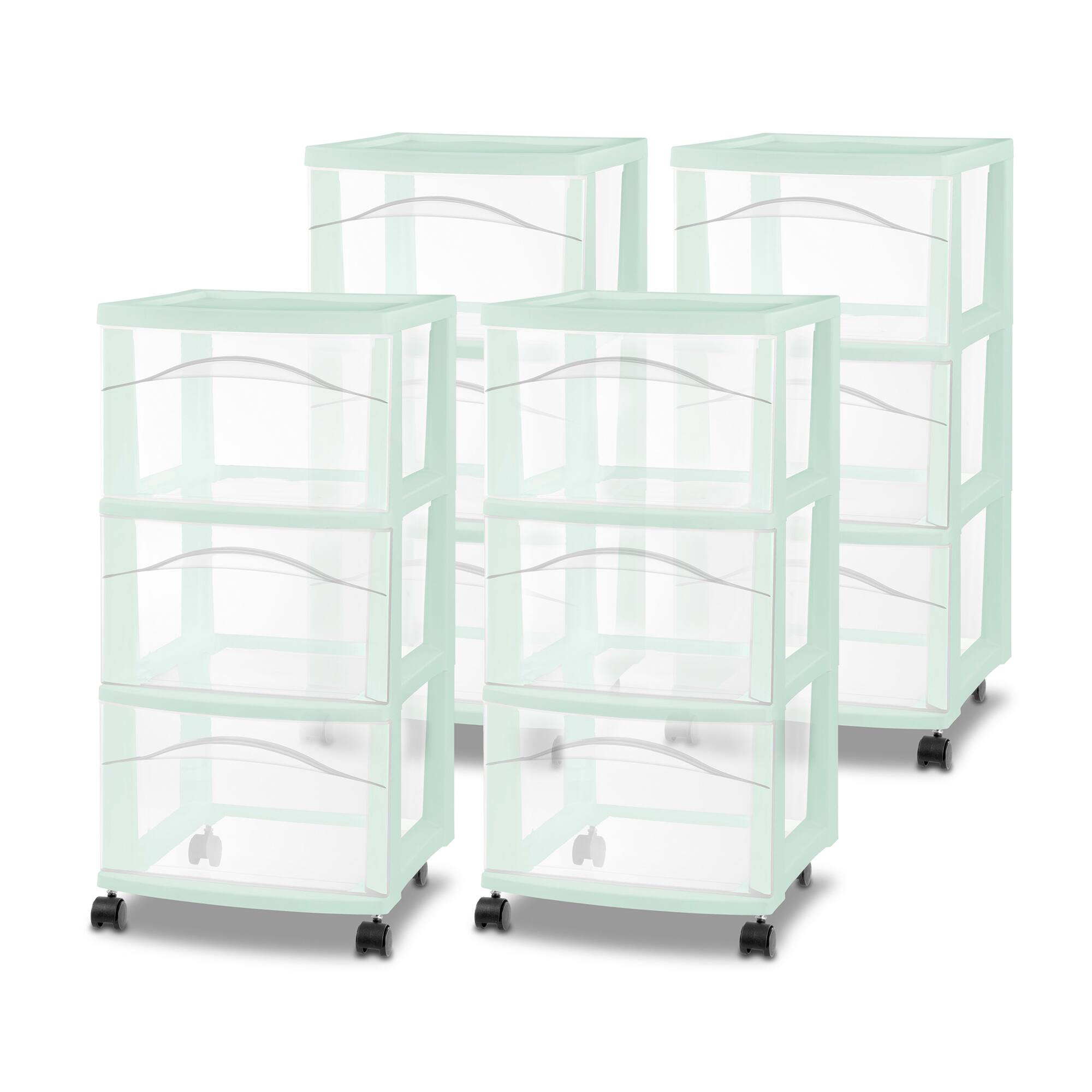 Front. Sterilite - Sterilite 3 Drawer Storage Cart, Plastic Rolling Organization Cart, Mint, 4 Pack - Mint.