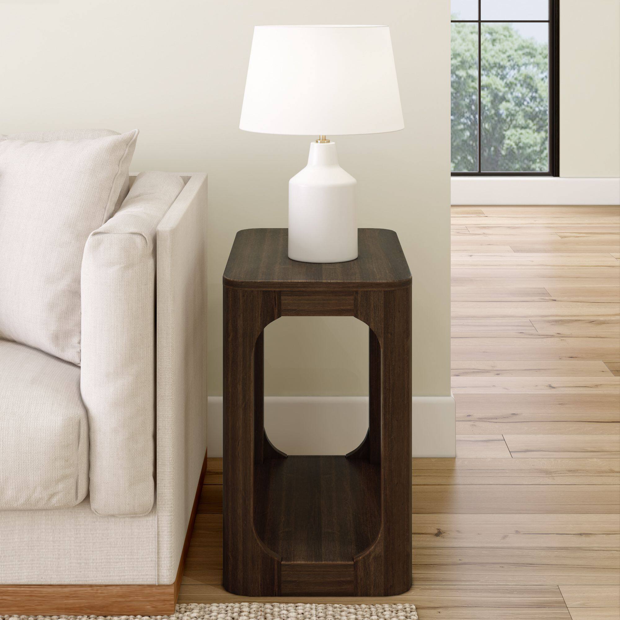 Alt View 1. Plank+Beam - Modern Rounded Rectangular Side Table with Shelf (25in x 15in / 630mm x 375mm), Walnut - Walnut.
