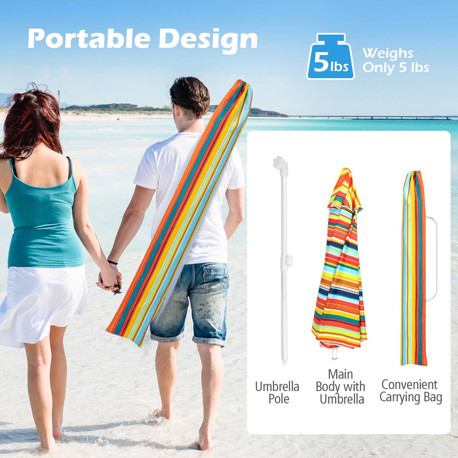 Portable Design: Weighs 5 lbs only. Main umbrella body with convenient pole. Umbrella carrying bag.