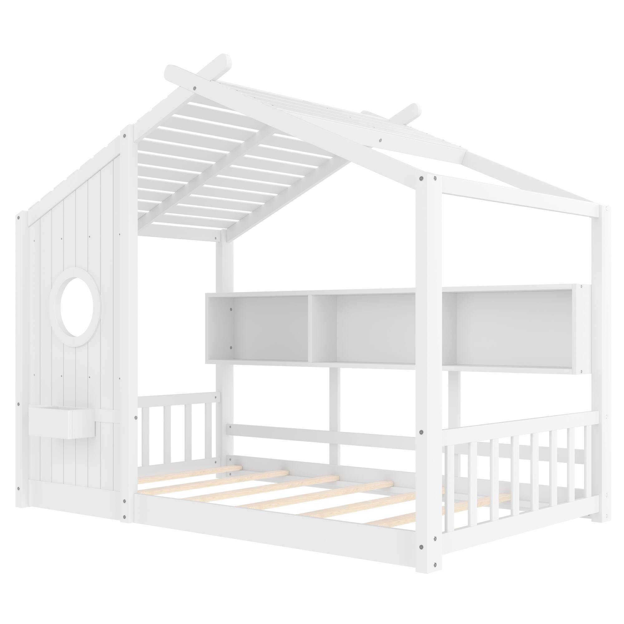 Alt View 1. GOODSILO - Twin Size Floor House Bed for Toddlers and Kids with Storage Shelf and Playhouse Roof Design - White.