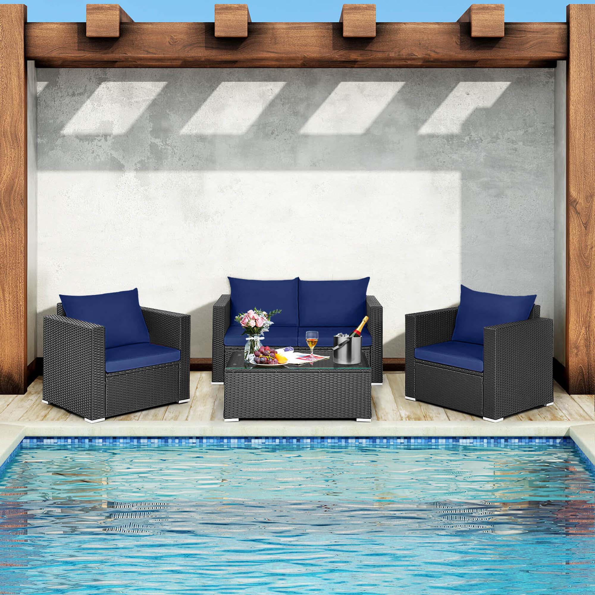 Alt View 3. Costway - 4 PCS Patio Rattan Furniture Set Cushioned Sofa Chair Coffee Table - Black,Blue.