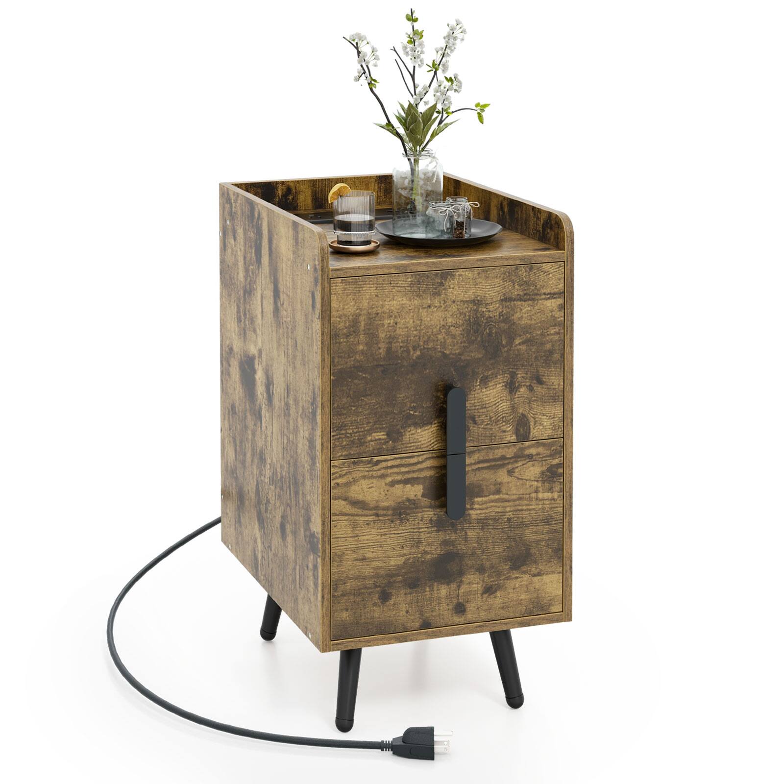 Left. WELLFOR - Nightstand Side Tables with 2 Drawers and 2 USB Ports - Rustic Brown.