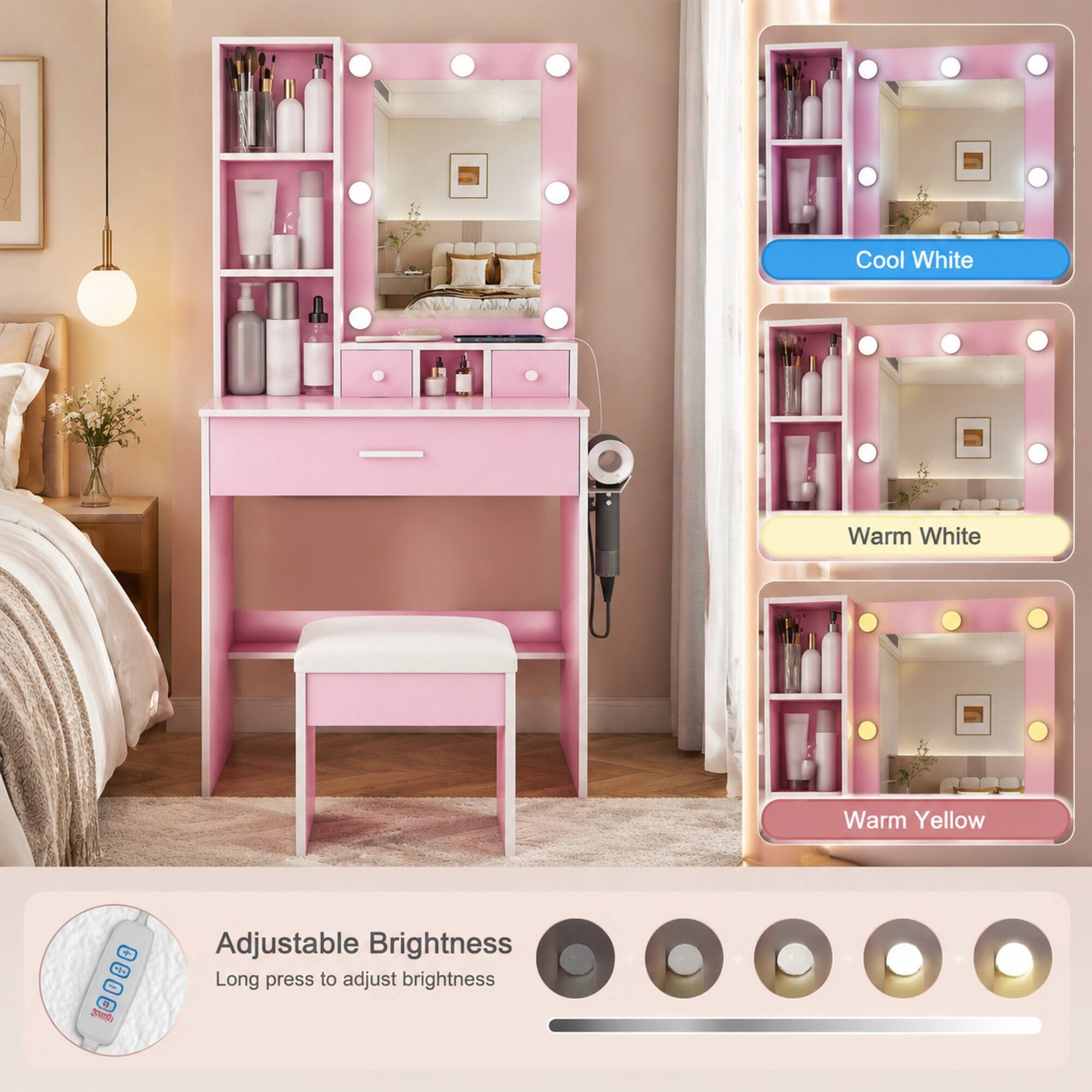 Cool White  
Warm White  
Warm Yellow  

+ DV  

Adjustable Brightness  
Long press to adjust brightness
