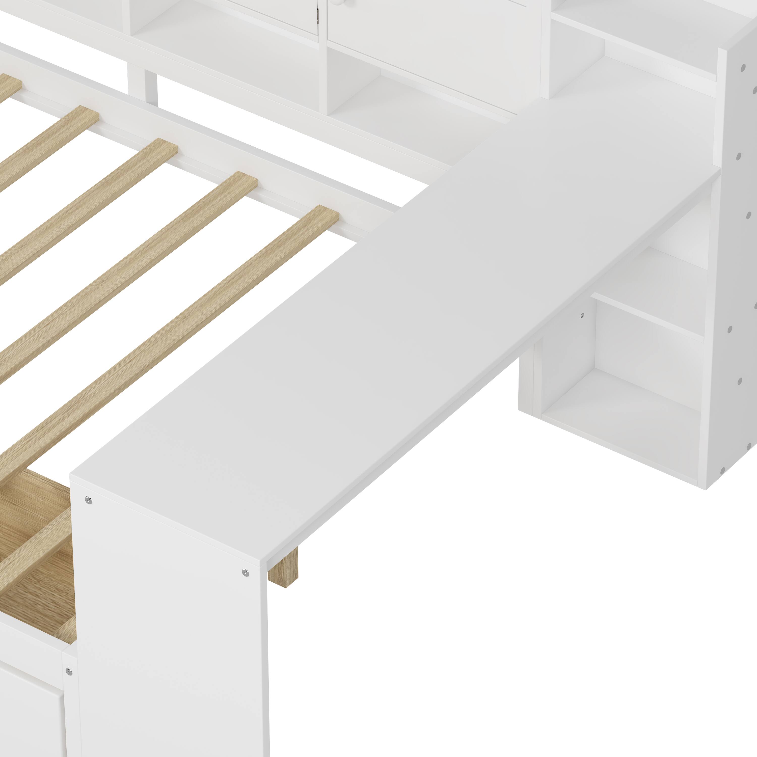 Alt View 8. Tiramisubest - Wooden L-Shape Daybed with Storage Cabinets and Drawers, Multi-functional Bed with Study Desk and Built-in Bookshelf - White.
