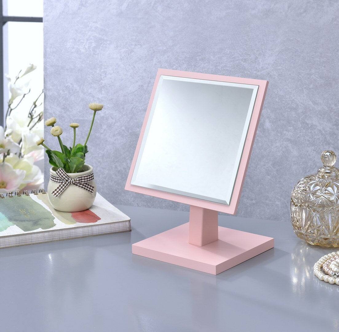Angle. BreeBe - 9.5' Tall Polyresin and Wood Make-Up Mirror on a Pedestal, Pastel Pink finish - Pink.