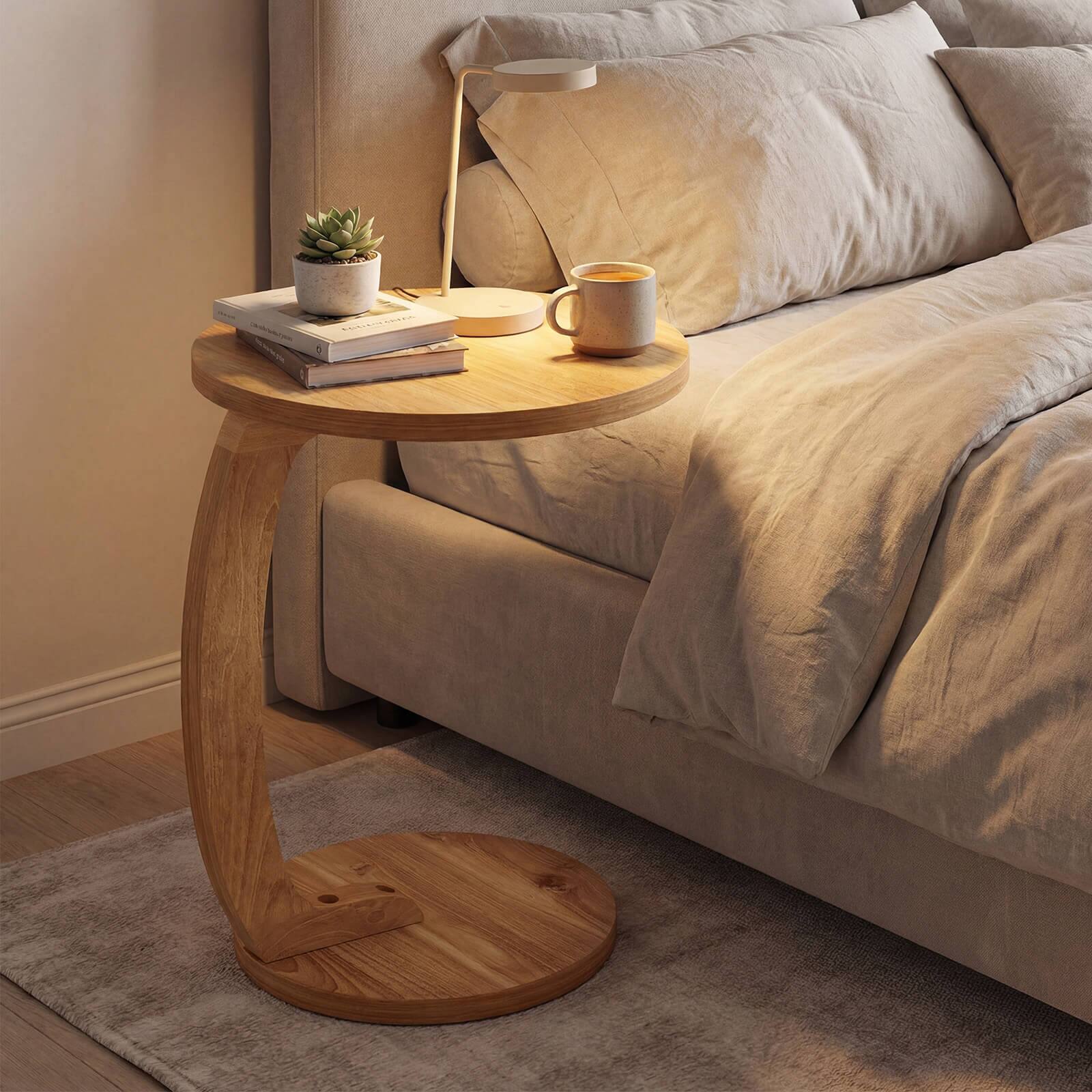 Alt View 3. Costway - Costway 1 PCS Round C-shaped Side Table, 24" Solid Teak Wood End Table with Thickened Top - Natural.