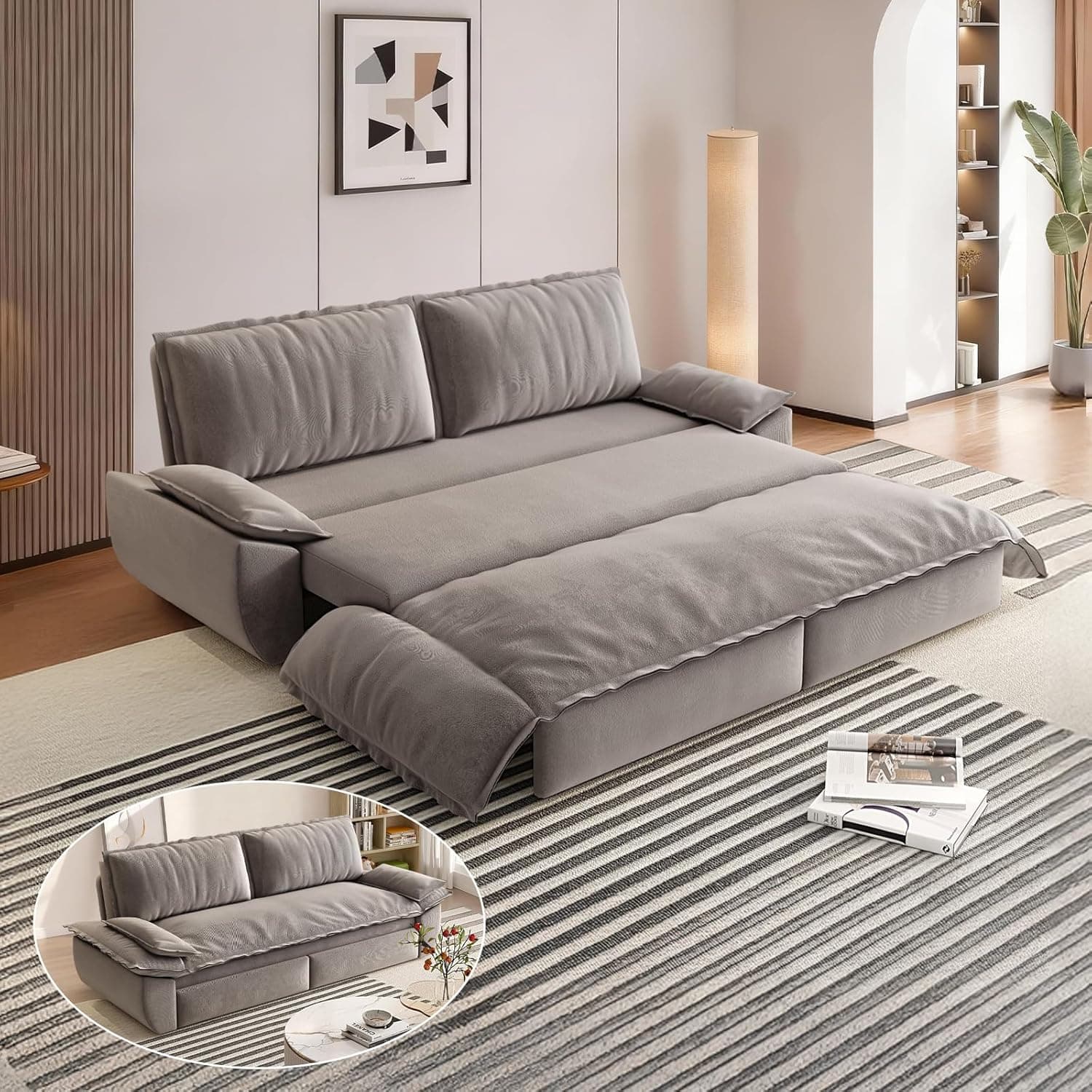 Front. Trinkets Crazed - 73.2" Queen Size Sofa Bed, 3 in 1 Convertible Pull Out Sleeper Sofa with Thicked Cushions and Side Storage - gray.