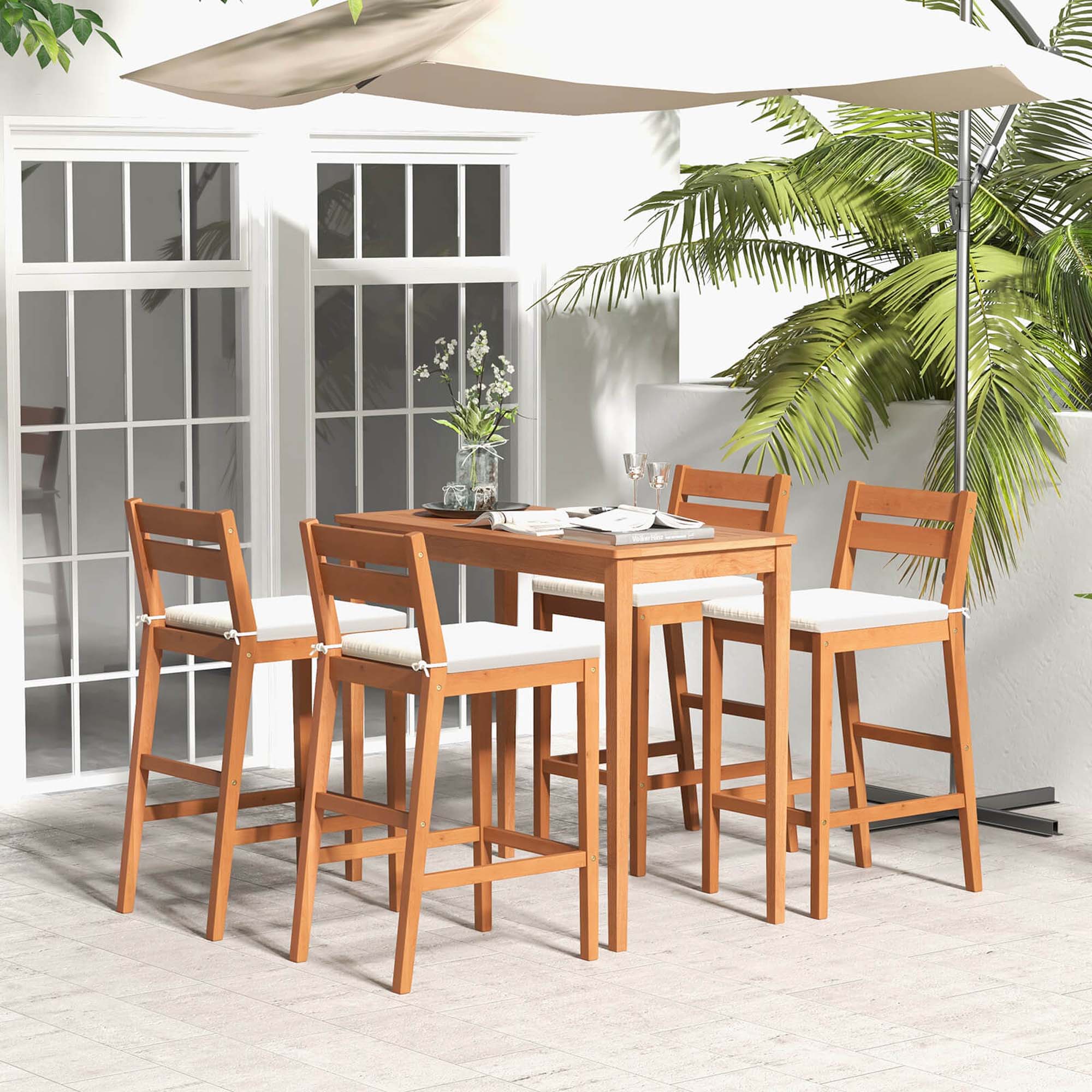 Alt View 1. Costway - Costway Outdoor Wood Barstools Set of 4 Eucalyptus Wood Bar Height Chairs Cushioned Seat - Natural.