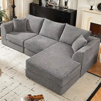 Front. Anysun - 102" Modern L-Shaped Modular Cloud Sofa – 3-Seater with Reversible Chaise, Corduroy Fabric, No Assembly Required - Grey.