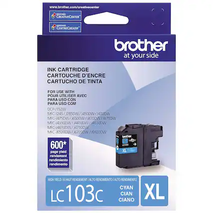 www.brother.com/creativecenter
BROTHER CREATIVECENTER
BROTHER CENTRECRATIF
brother at your side
INK CARTRIDGE
CARTOUCHE D'ENCRE
CARTUCHO DE TINTA
FOR USE WITH
POUR UTILISER AVEC
PARA USO CON
PARA USO COM
DCP-J152W
MFC-J245 / J285DW / J450DW / J470DW
MFC-J475DW / J650DW / J870DW / J875DW
MFC-J4310DW / J4410DW / J4510DW
MFC-J4610DW / J4710DW
MFC-J6520DW / J6720DW / J6920DW
600*
page yield
rendement
rendimiento
rendimento
HIGH YIELD / A HAUT RENDEMENT / ALTO RENDIMIENTO / ALTO RENDIMENTO
LC103C
CYAN
CÍAN