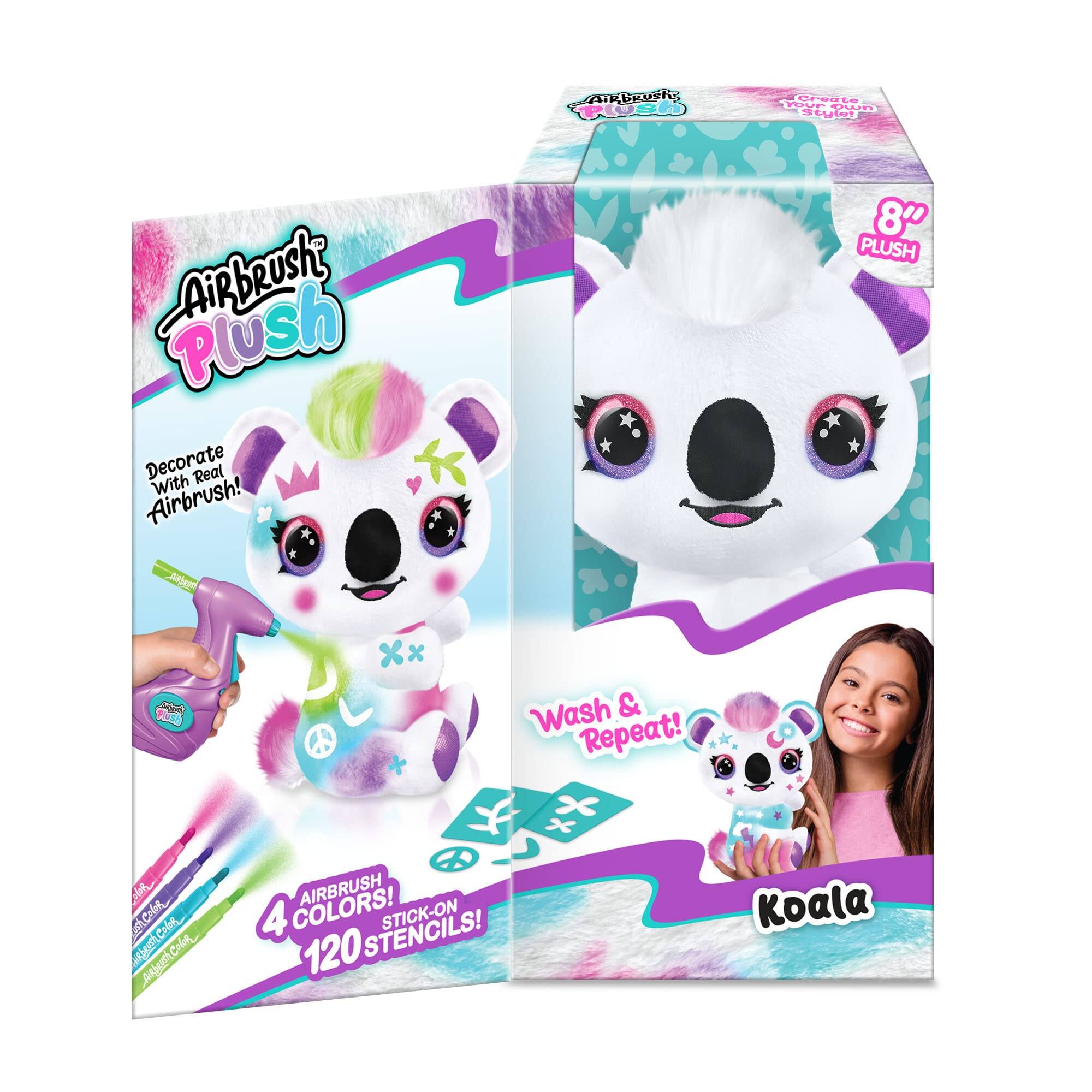 Airbrush Plush  
Decorate With Real Airbrush!  
8" PLUSH  
Wash & Repeat!  
4 COLORS!  
AIRBRUSH 120 STENCILS!  
Koala