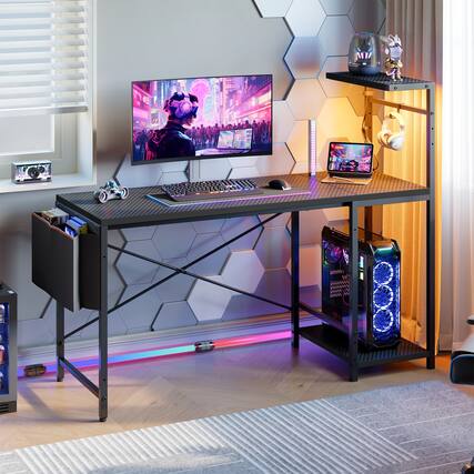 Front. RSPGAME - 51.3'' Gaming Desk with LED & Storage Drawer Ergonomic Computer Desk Headphone Hook, PC Gaming Desk for Home Office - Black.