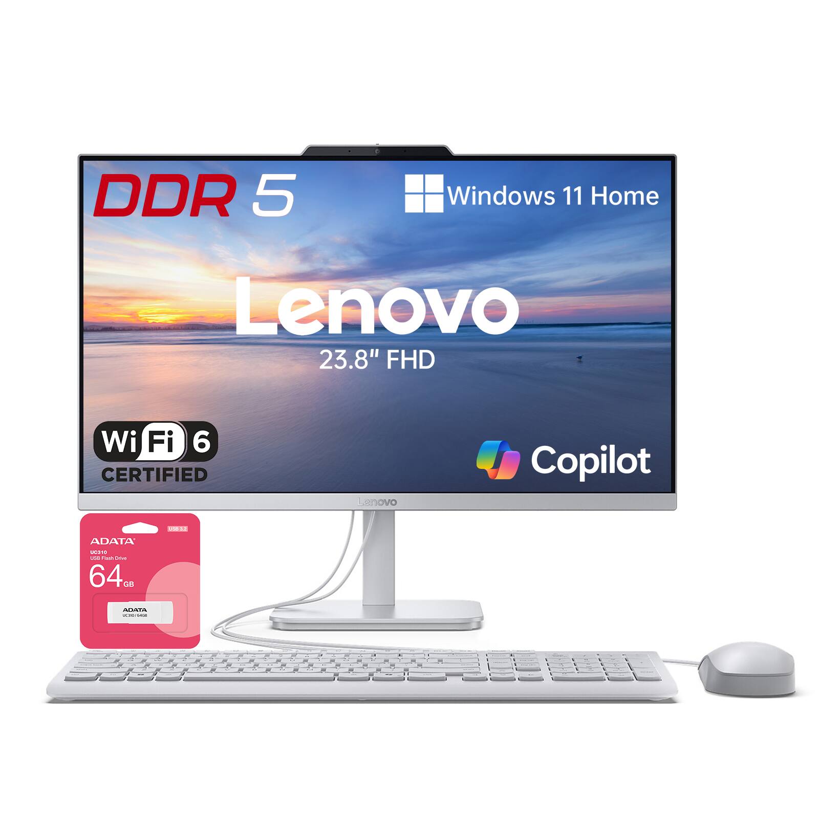 DDR 5  
Windows 11 Home  
Lenovo 23.8" FHD  
Wi-Fi 6 CERTIFIED  
Lenovo Copilot  
USB-3.2  
ADATA 10 use Flash Drive 64 GB  
ADATA wish HE