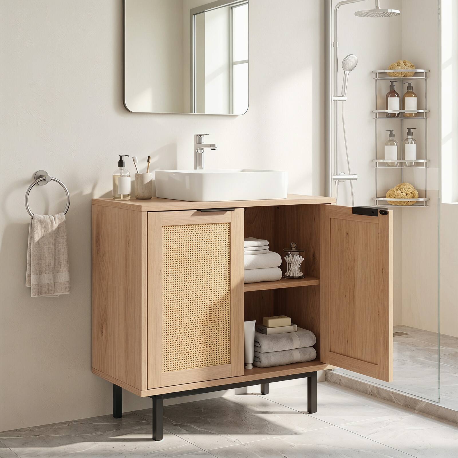 Alt View 3. Costway - Costway Under Sink Storage Cabinet with U-Shaped Cut-Out 2 Rattan Doors & Shelf Metal Legs - Natural.