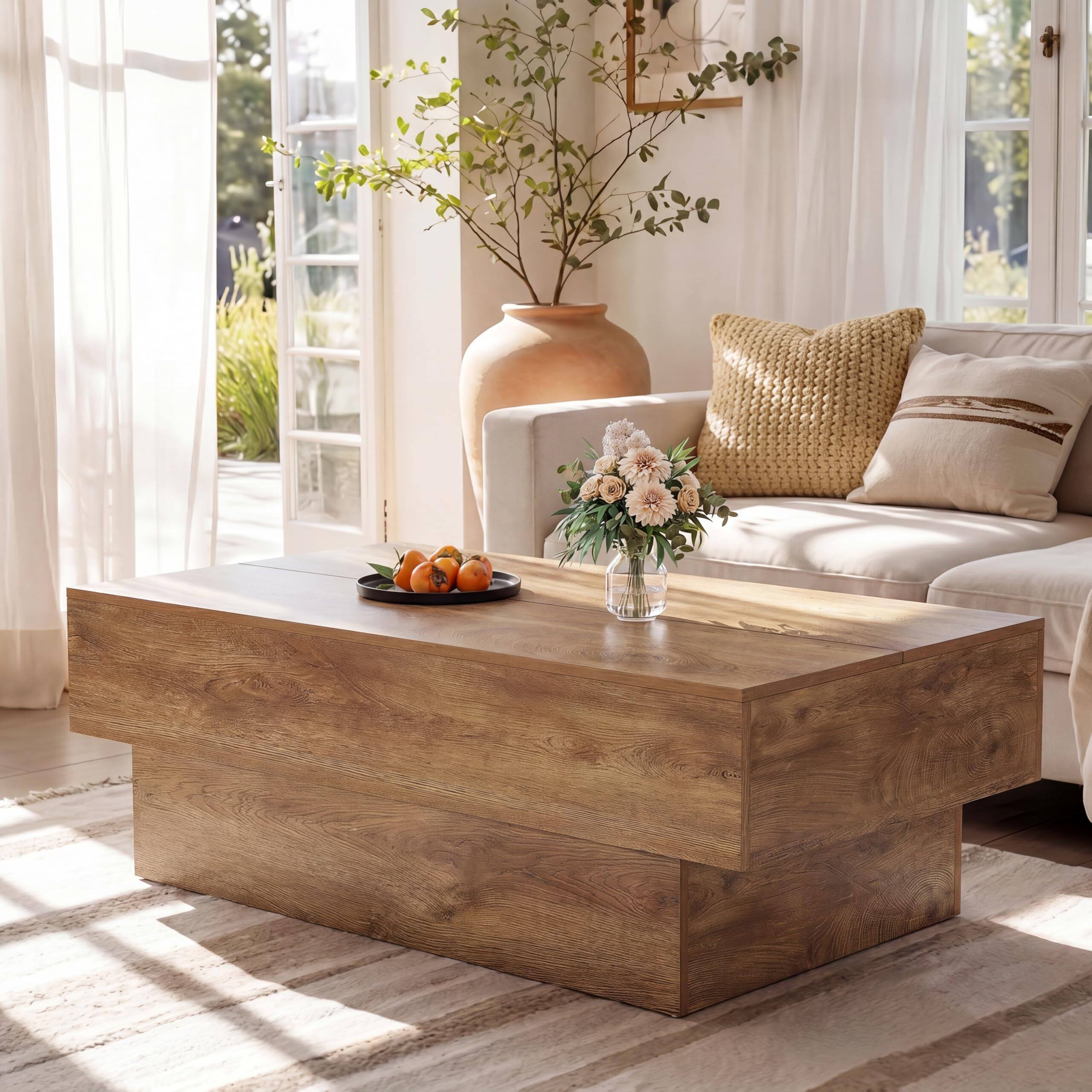 Left. Tribesigns - 55" Large Rectangle Coffee Table for Living Room - Rustic Brown.