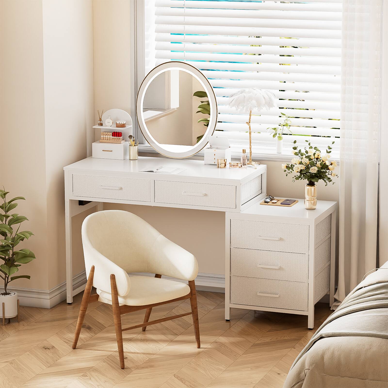 Alt View 1. Aheaplus - Computer Desk with 5 Fabric Drawers, Corner Home Office Desk with Filing Storage and Charging Station - White.