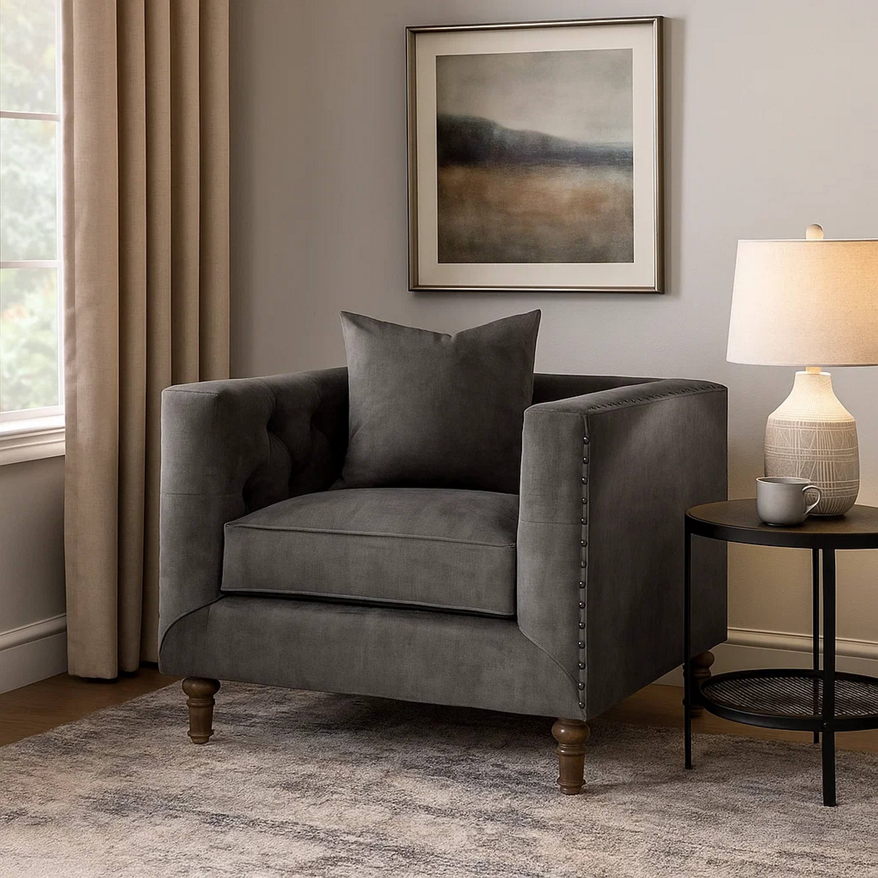 Alt View 6. Manhattan Lane - Fabric Upholstered Wooden Sofa Chair with Nail Head Trim - Gray.