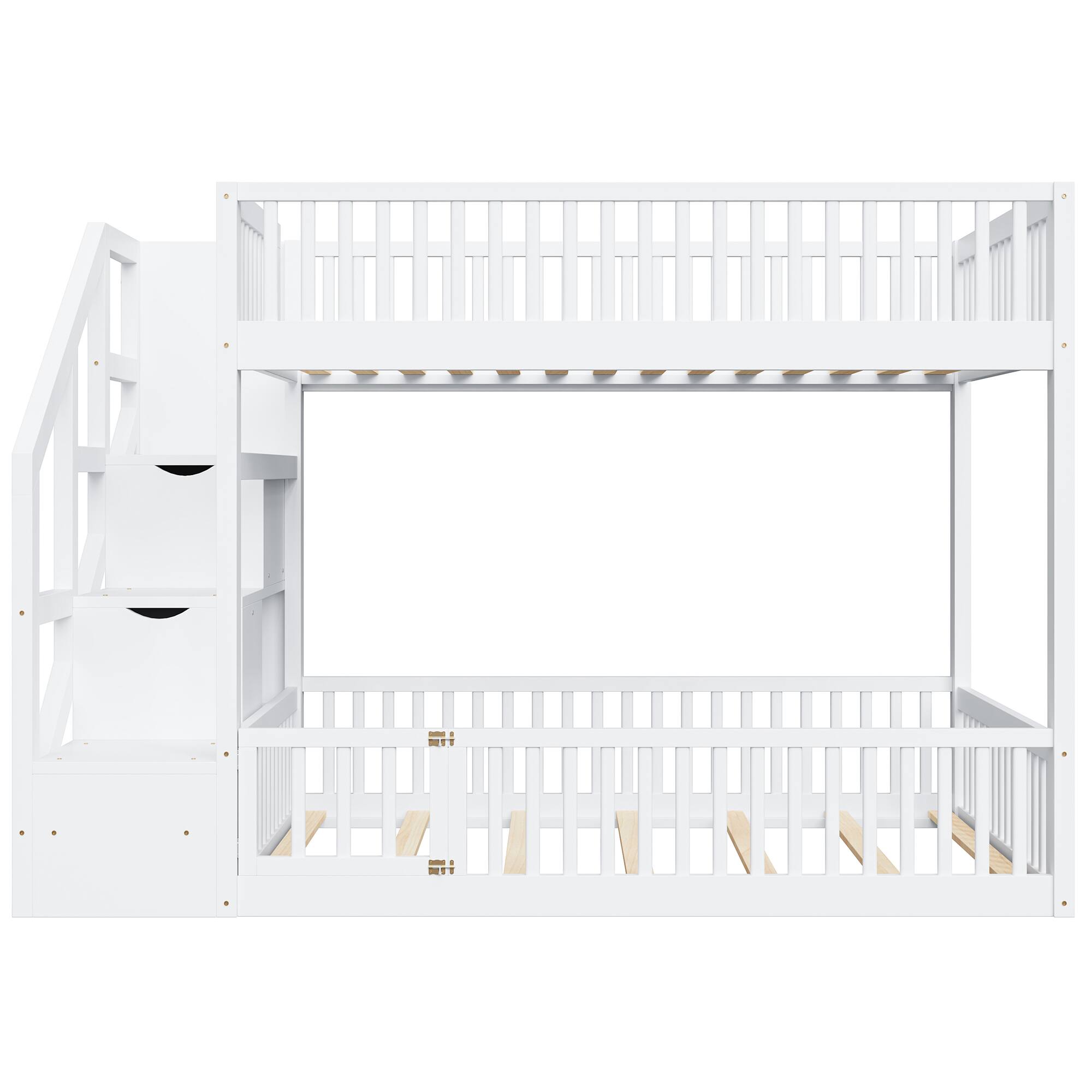 Back. Whisen - Full over Full Floor Bunk Bed,Low-Profile Bunk Bed with Storage Staircase & Guardrails - White.