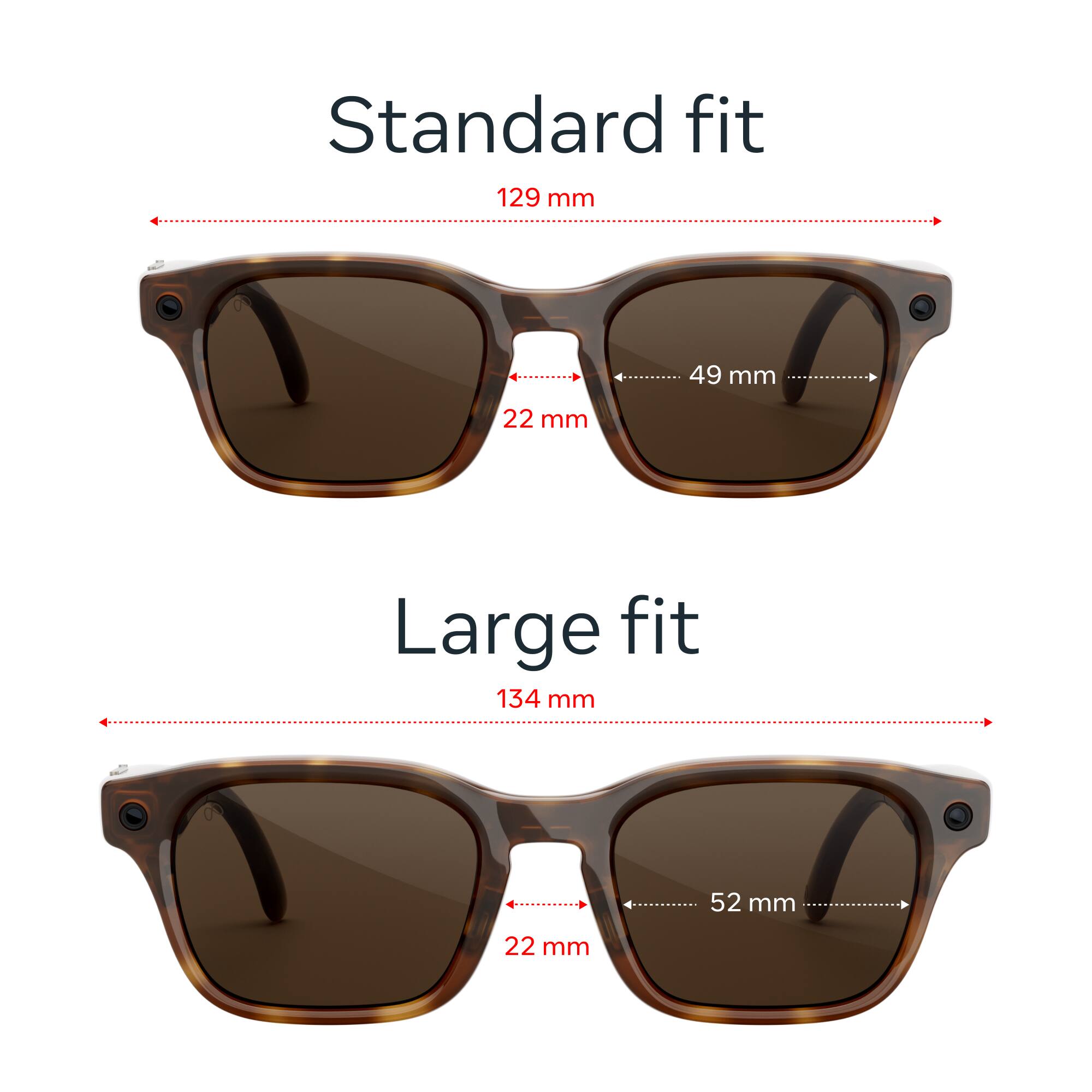Standard fit: 129 mm, 49 mm, 22 mm  
Large fit: 134 mm, 52 mm, 22 mm