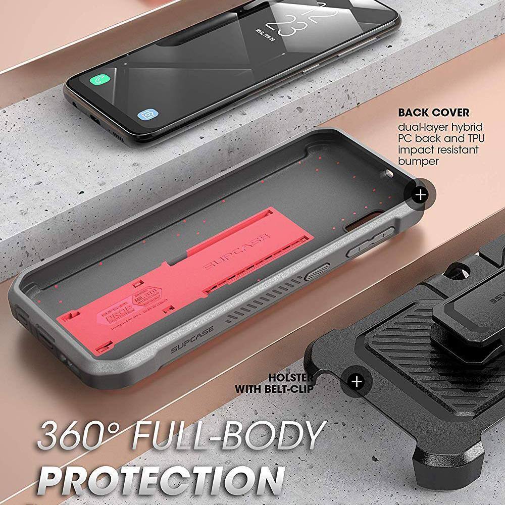 Sure, here is the corrected and grouped text:

---

**MN BoN BACK COVER**

- dual-layer hybrid PC back and TPU impact resistant bumper

**SUPCASE HOLSTER WITH BELT-CLIP**

**360° FULL-BODY PROTECTION**

---

This text is organized to reflect the components and features of the product as shown in the image.