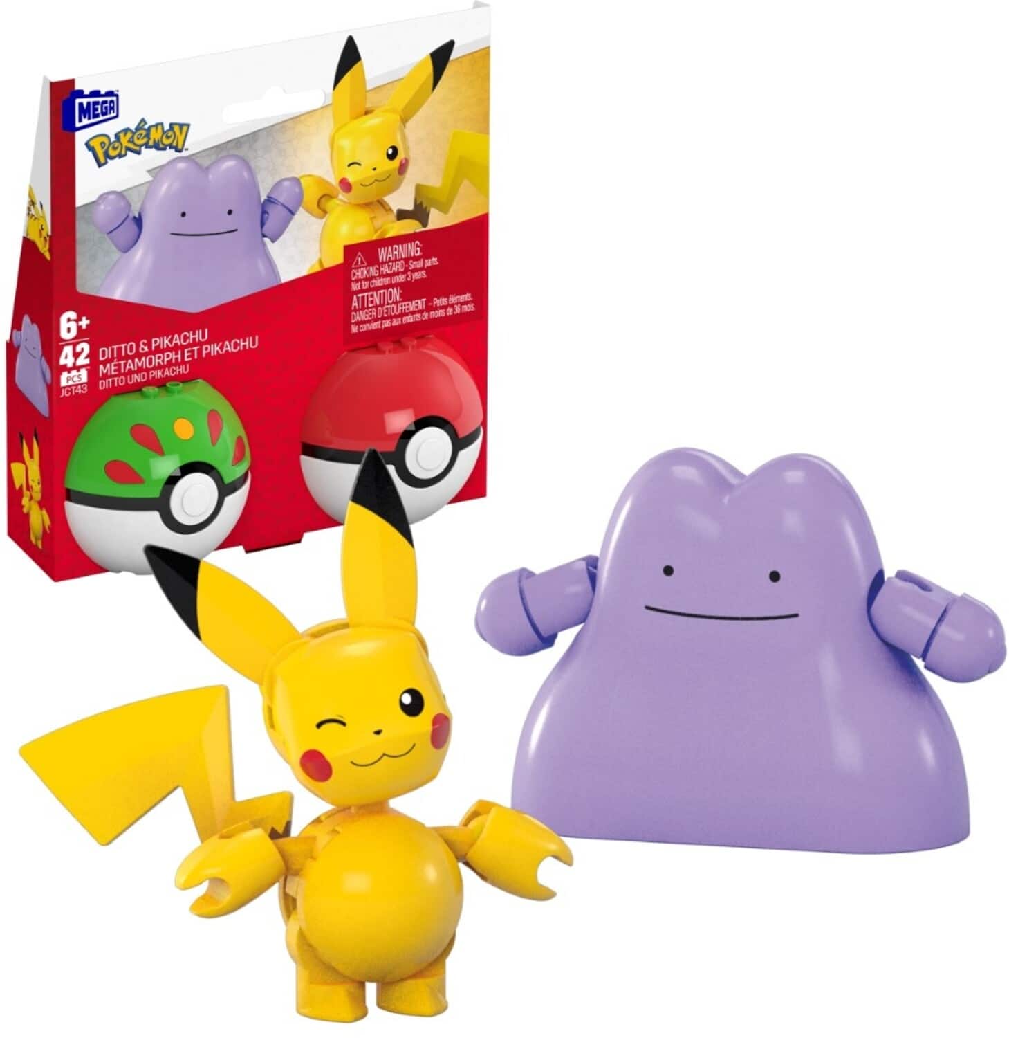 Mega Bloks - Pokemon: 2-Pack Poke Ball, Pikachu & Ditto, 42 Piece Buiding Toy Set - COLLECTABLES - Multicolor