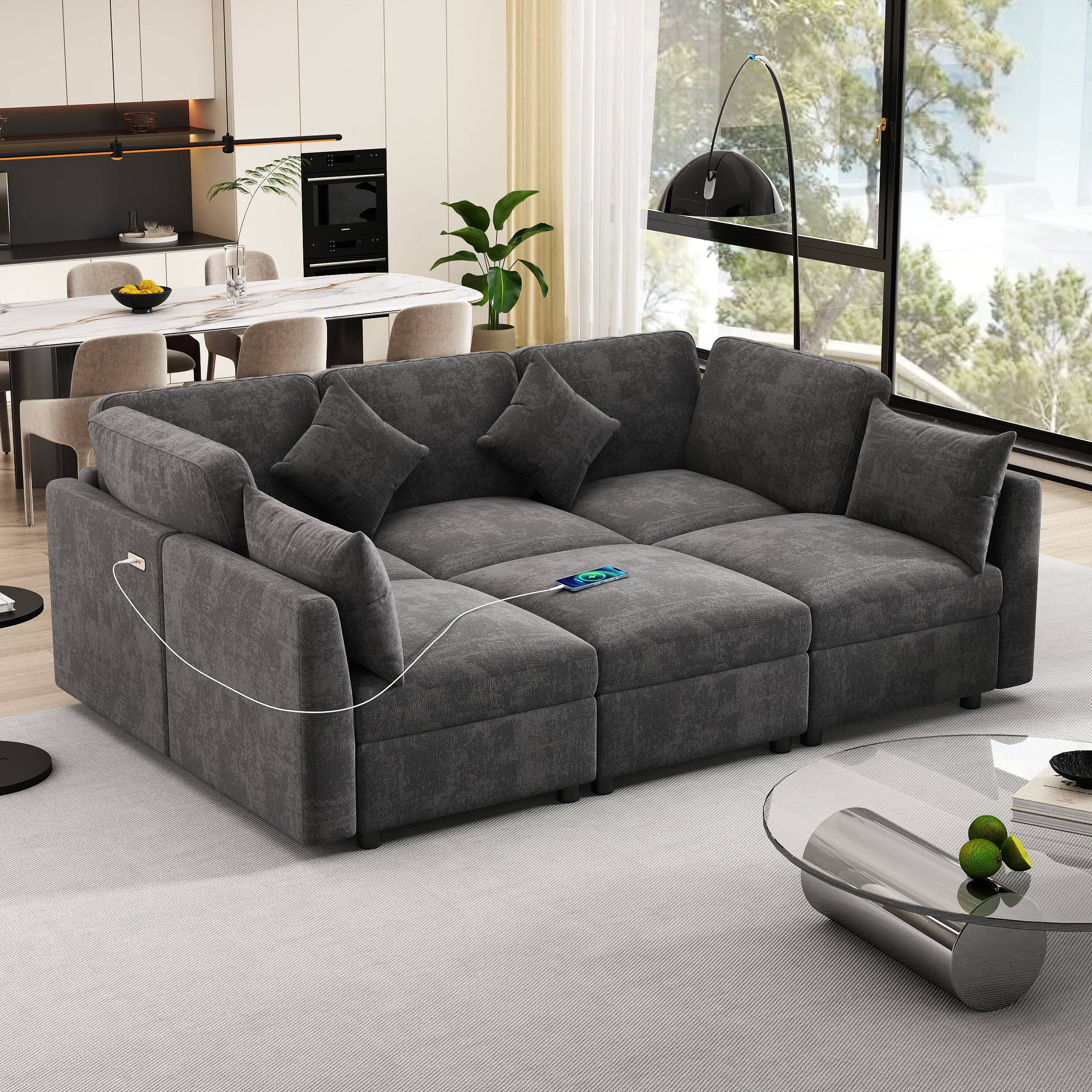 Alt View 2. Boyel Living - 86.6 inch Sectional Sofa U-shaped Sofa L-shaped Sofa with a Movable Ottoman and Two USB Ports for Living Room - Black.