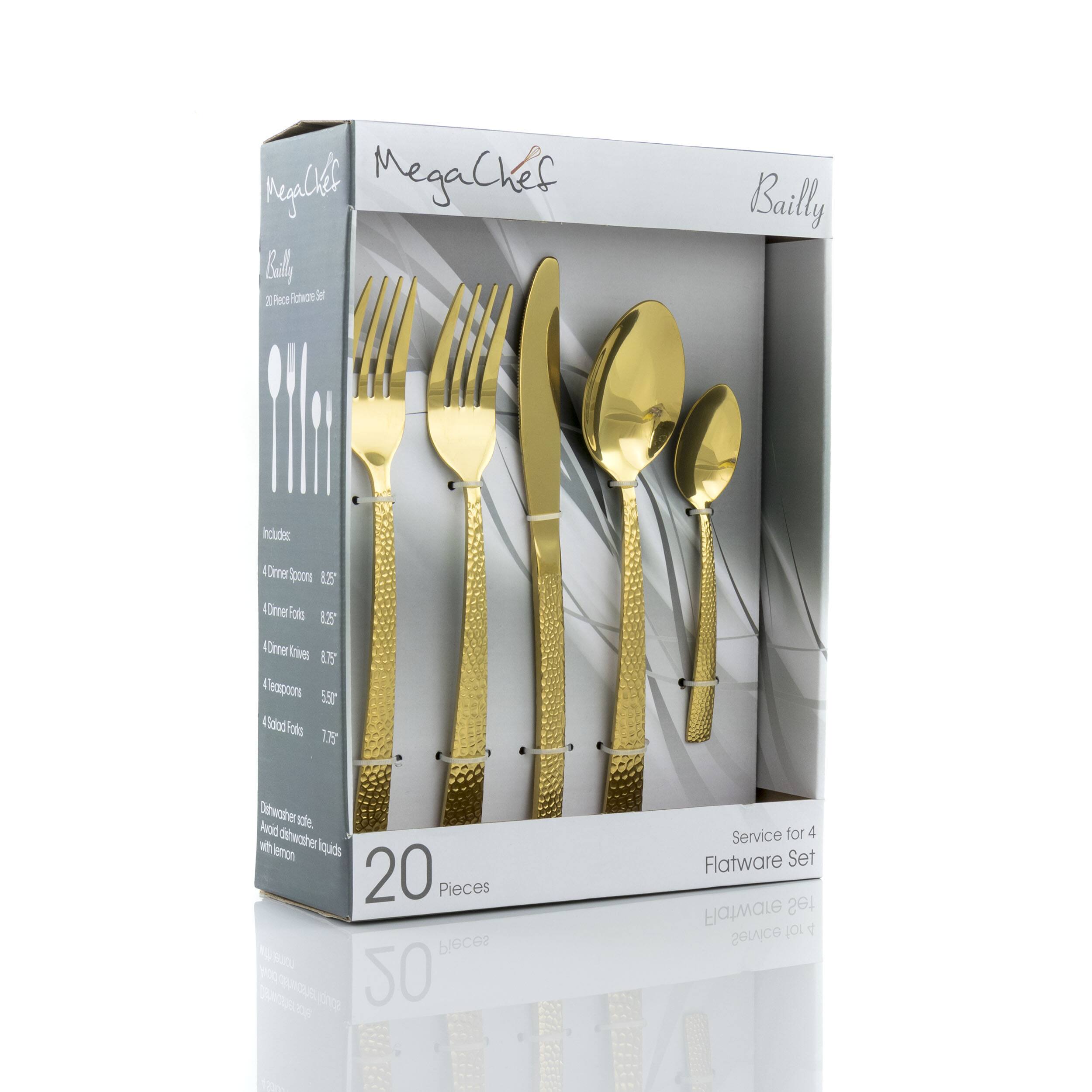 MegaChef Bailly includes 4 Dinner Spoons, 4 Dinner Forks, 4 Dinner Knives, 4 Teaspoons, 4 Salted Forks, 1 Dessert Spoon, and 1 Dessert Fork. It is a 20 Pieces Service for 4 Flatware Set.