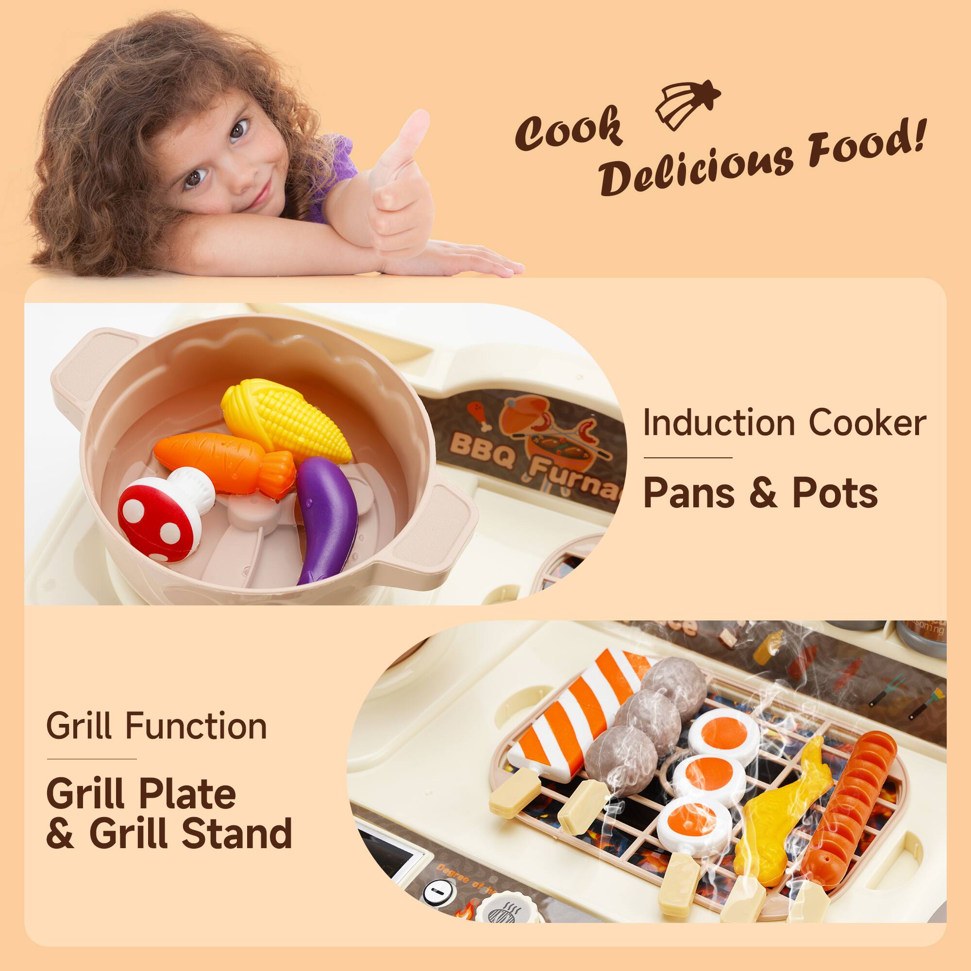 Cook Delicious Food!  
Induction Cooker BBQ Furna Pans & Pots  
Grill Function  
Grill Plate & Grill Stand