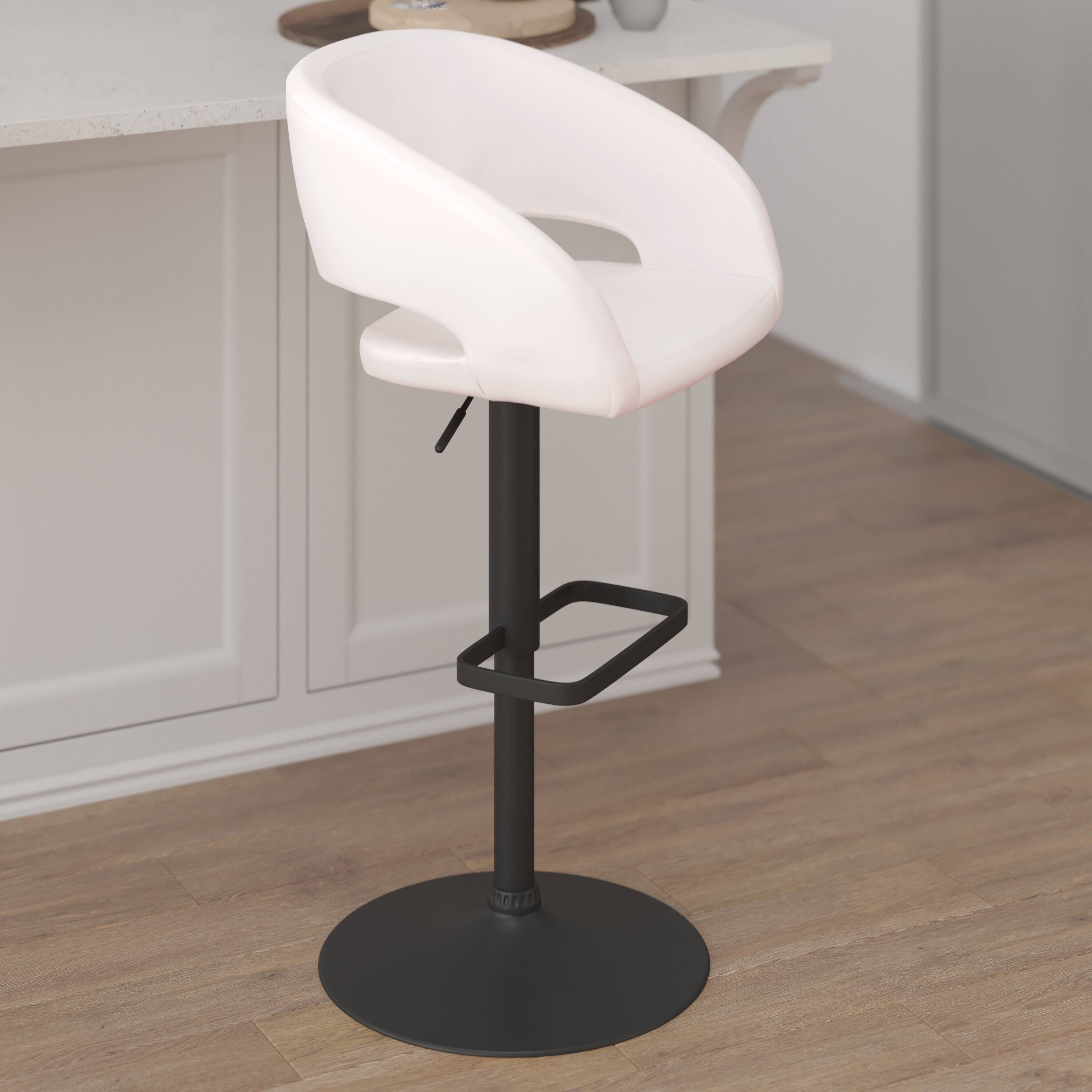Alt View 4. Emma + Oliver - Shae Contemporary Upholstered Adjustable Height Barstool with Rounded, Cutout Mid-Back and Pedestal Base - White Vinyl/Black Frame.