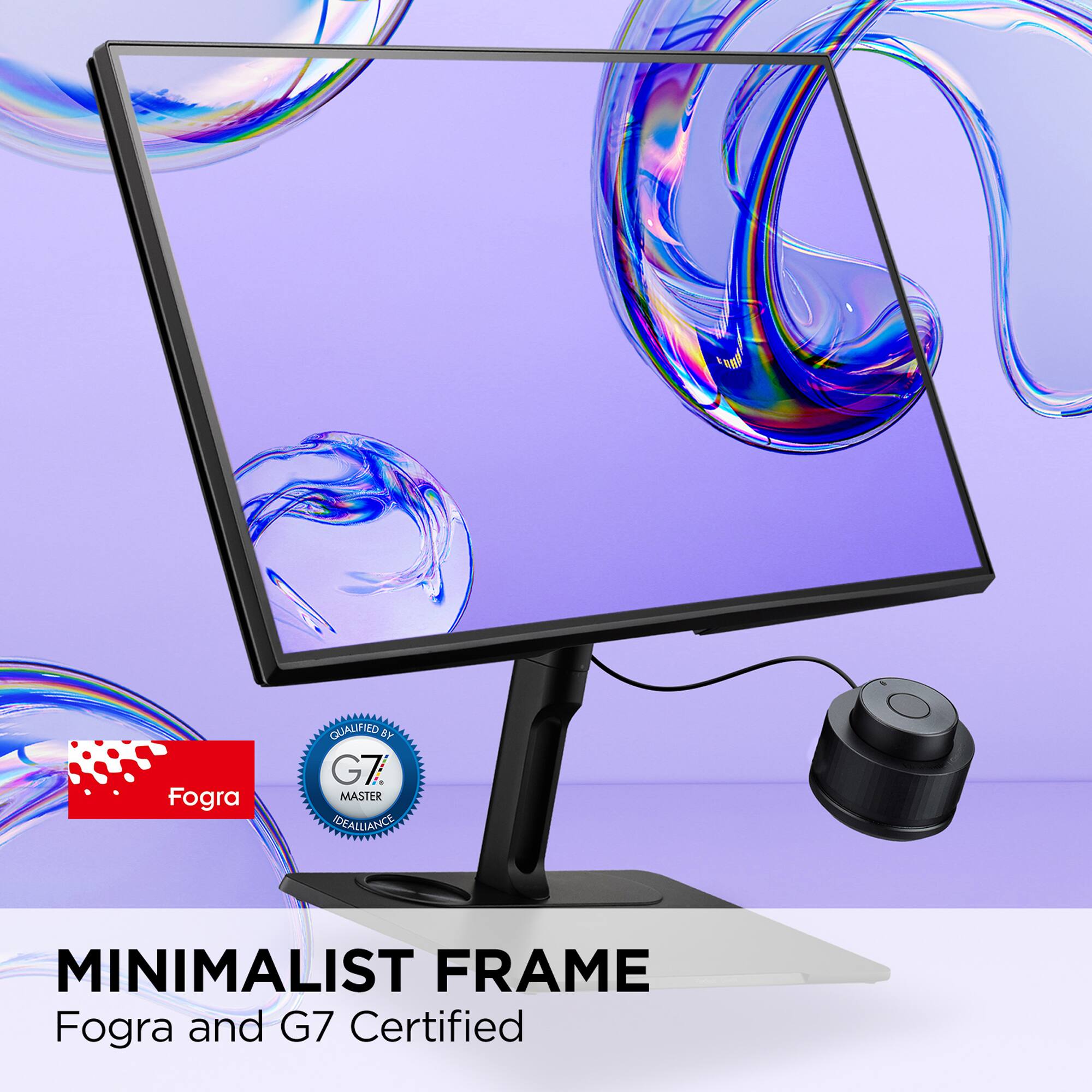 The image features a minimalist frame that is Fogra and G7 certified. The frame is designed to be simple and elegant, with a focus on functionality and aesthetics. The image showcases the frame in a purple and white color scheme, which adds to its minimalist appeal. The frame is likely used for displaying a computer monitor or other electronic devices, providing a sleek and modern look to the setup.