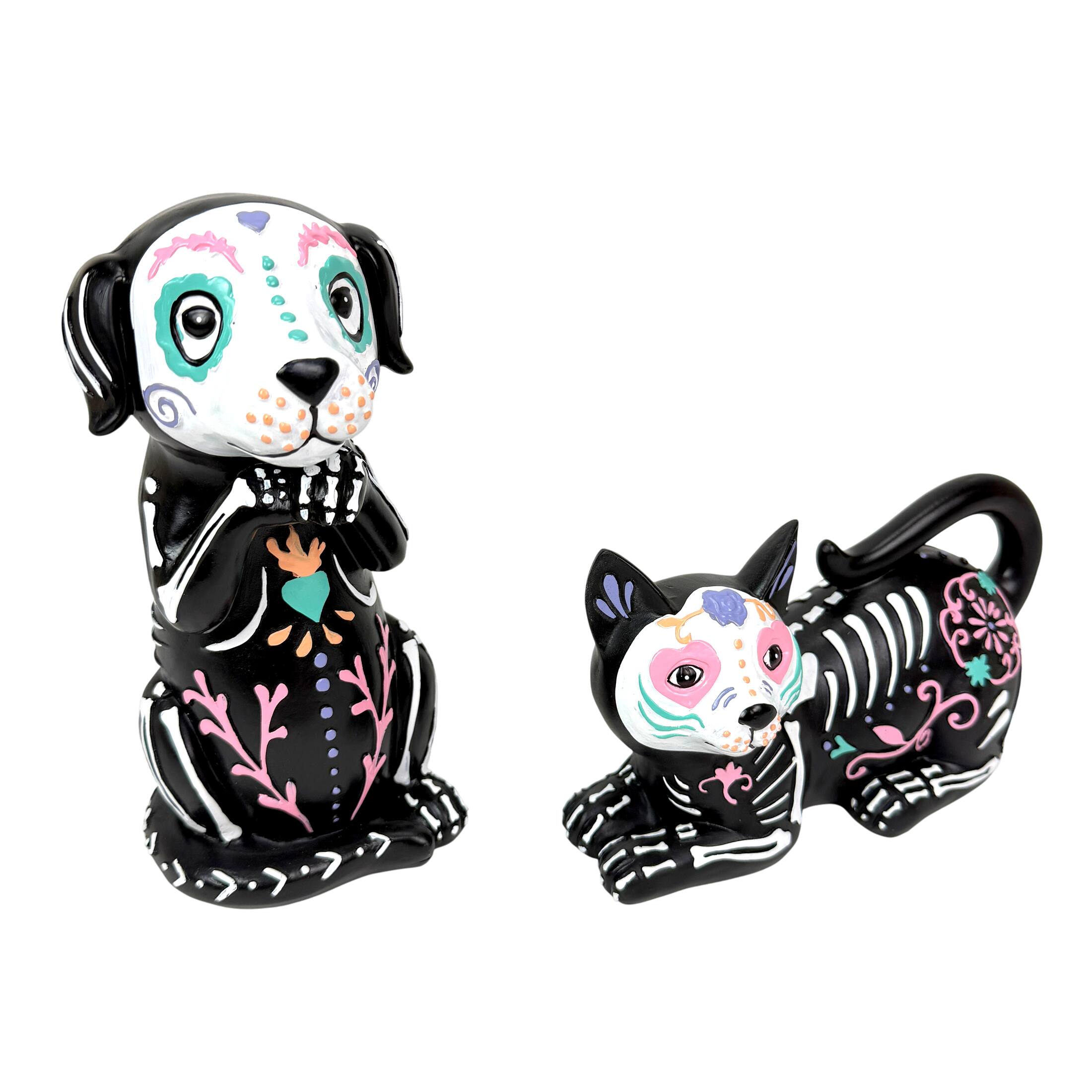Alt View 1. Things2Die4 - Day of the Dead Cat and Dog Figurine Set 2 Glossy Resin Skeleton Statues - Multicolor.