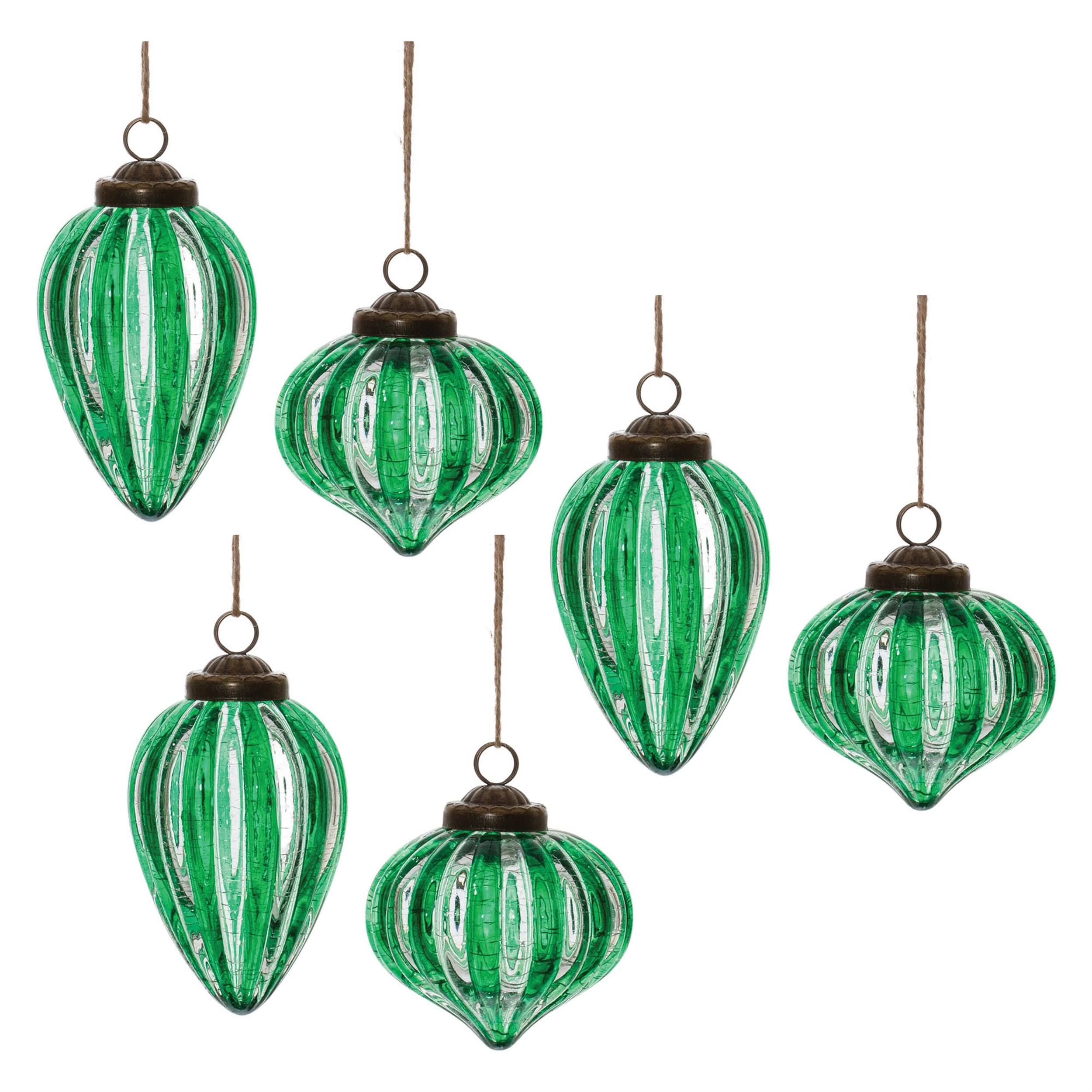 Left. BreeBe - Green Ribbed Crackle Glass Ornament (Set of 6) - Green.