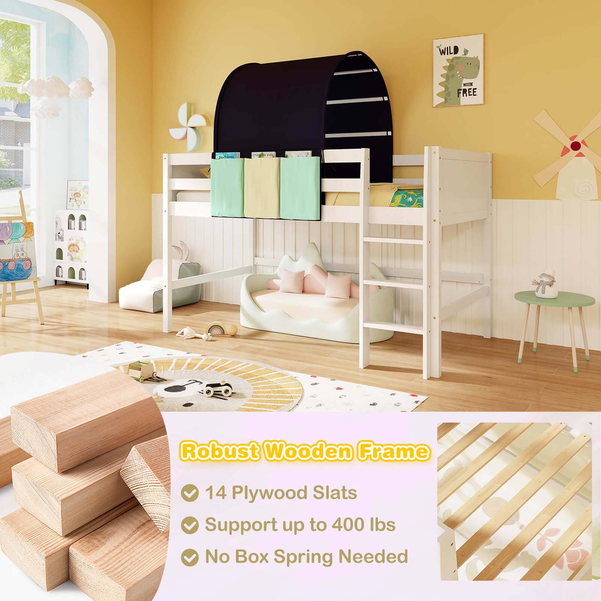 Alt View 4. Costway - Costway Twin Loft Bed with Tower & Tent 3 Storage Pockets Safety Guardrail and Ladder - Navy,White.