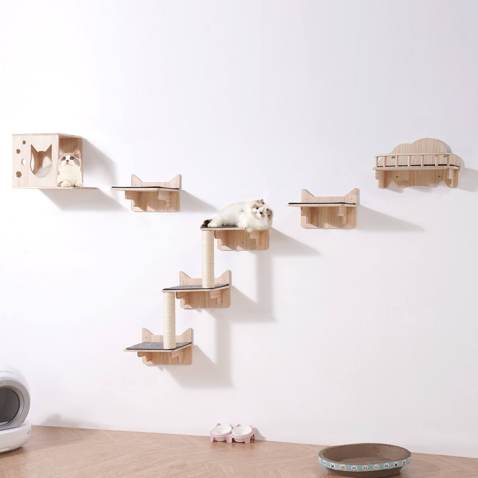 Front. VEVOR - Wall Mounted Cat Shelves, Cat Wall Shelves and Perches with Jumping Boards, Nest, Barrier Board & Cat Tree - Natural.