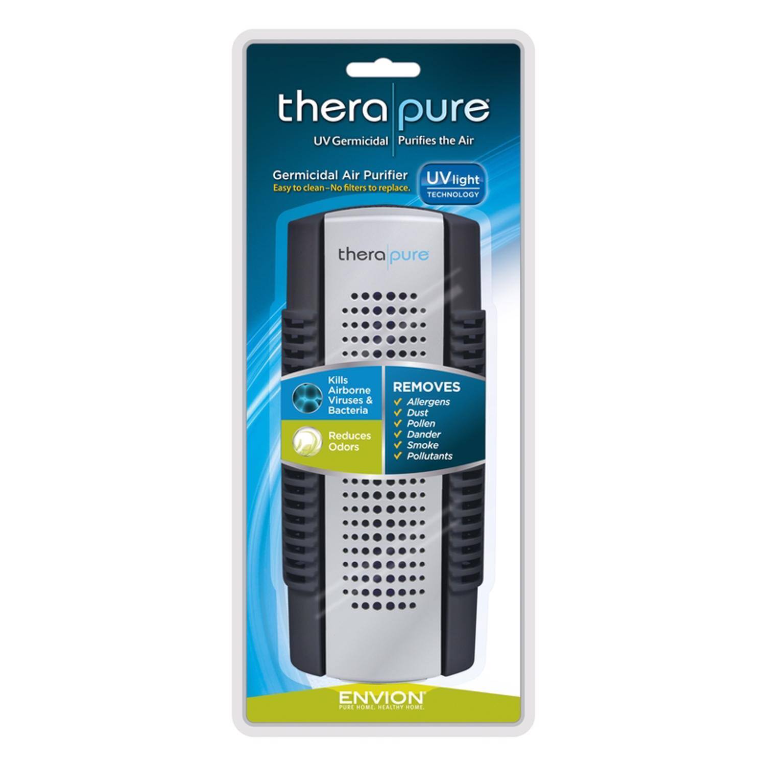 **thera pure**  
UV Germicidal Air Purifier  
Purifies the Air  

**UVlight Technology**  

**Kills**  
Airborne Viruses & Bacteria  

**Reduces**  
Odors  

**Removes**  
- Allergens  
- Dust  
- Pollen  
- Dander  
- Smoke  
- Pollutants  

**Easy to clean - No filters to replace.**  

**ENVION**  
**PURE HEALTHY HOME**