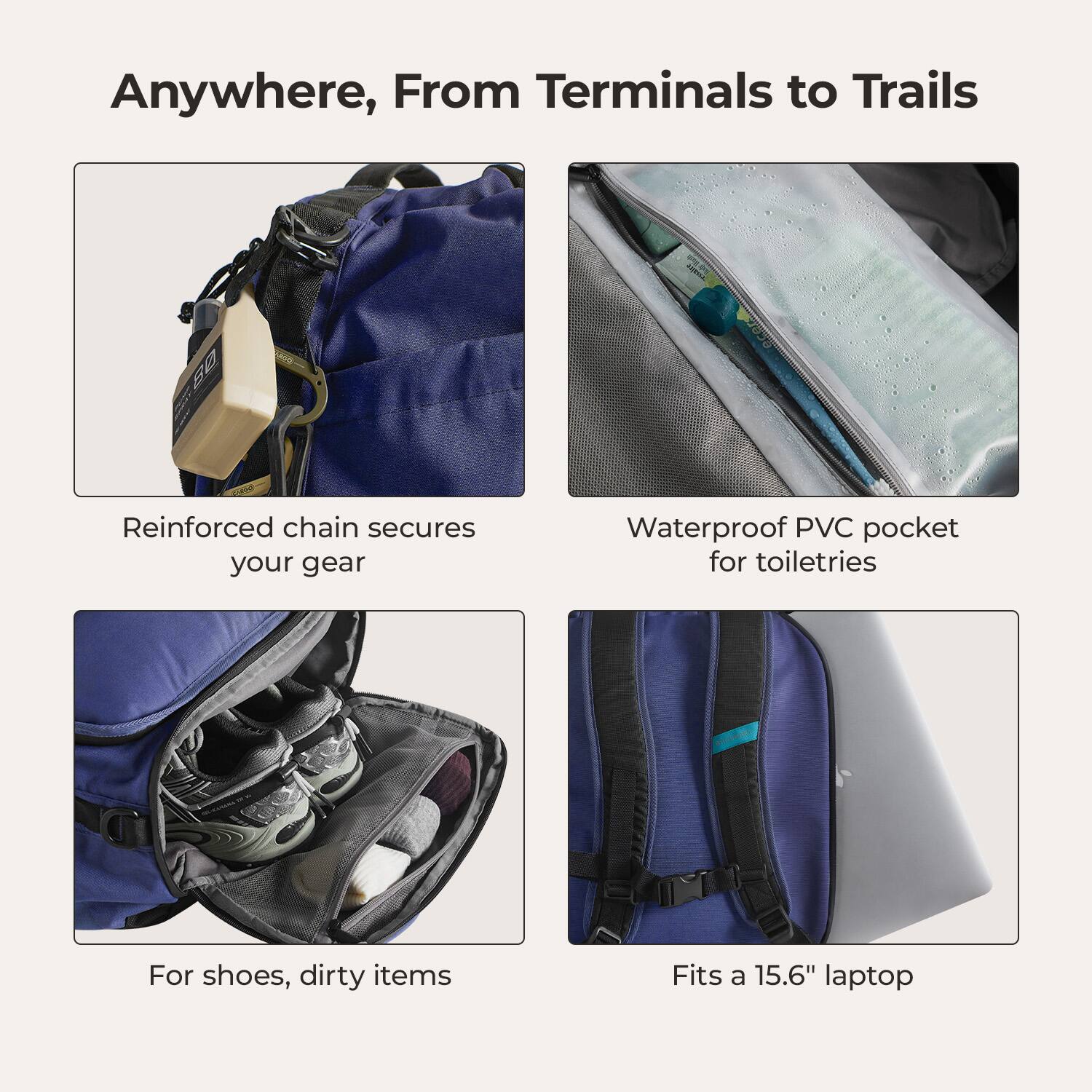 Anywhere, From Terminals to Trails

- Reinforced chain secures your gear
- Waterproof PVC pocket for toiletries
- For shoes, dirty items
- Fits a 15.6" laptop