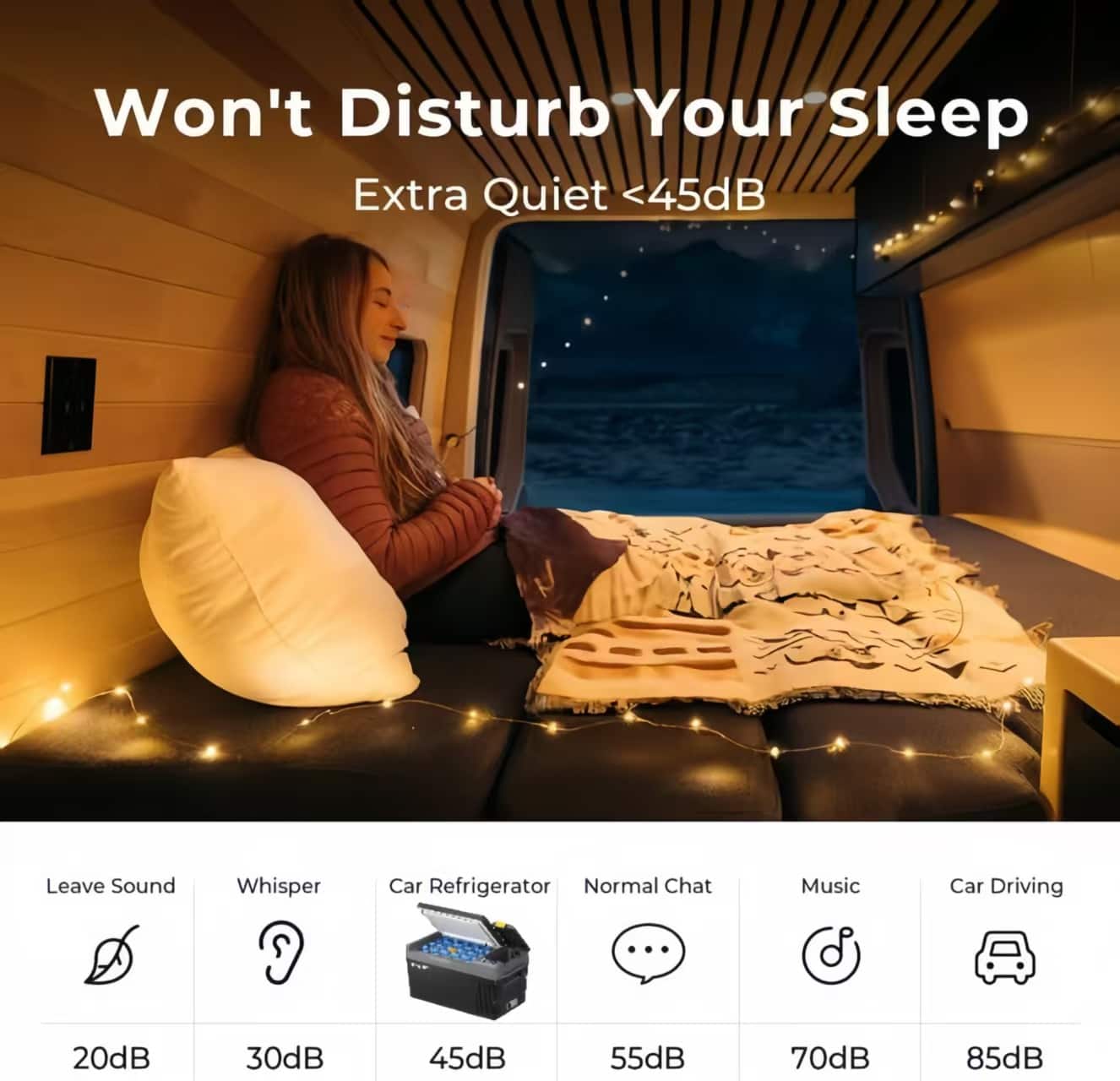 Won't Disturb Your Sleep Extra Quiet <45dB
Leave Sound: 20dB
Whisper: 30dB
Car Refrigerator: 45dB
Normal Chat: 55dB
Music: 70dB
Car Driving: 85dB
