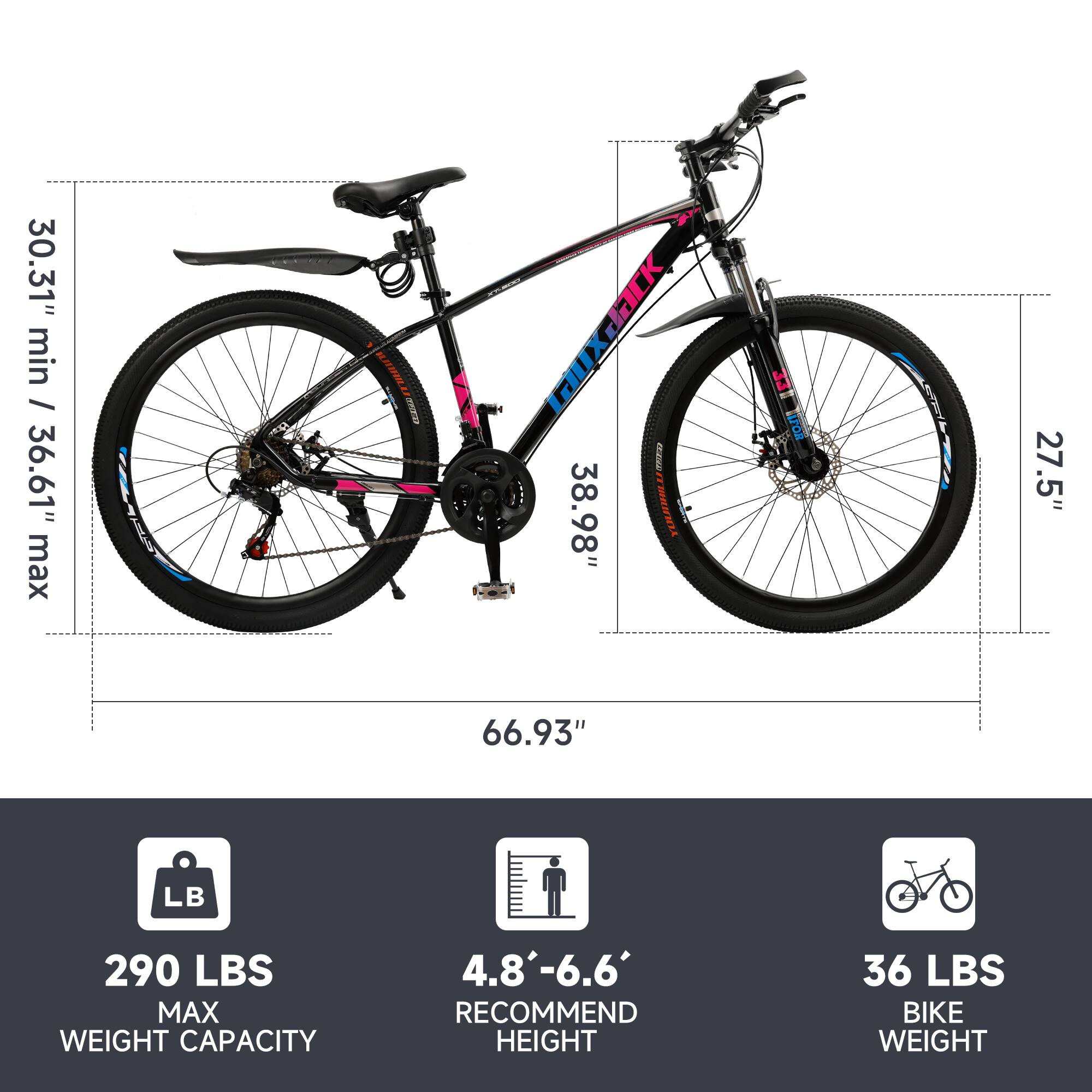 30.31" min / 36.61" max  
38.98"  
27.5"  
66.93"  

290 LBS MAX WEIGHT CAPACITY  
4.8'-6.6' RECOMMEND HEIGHT  
36 LBS BIKE WEIGHT