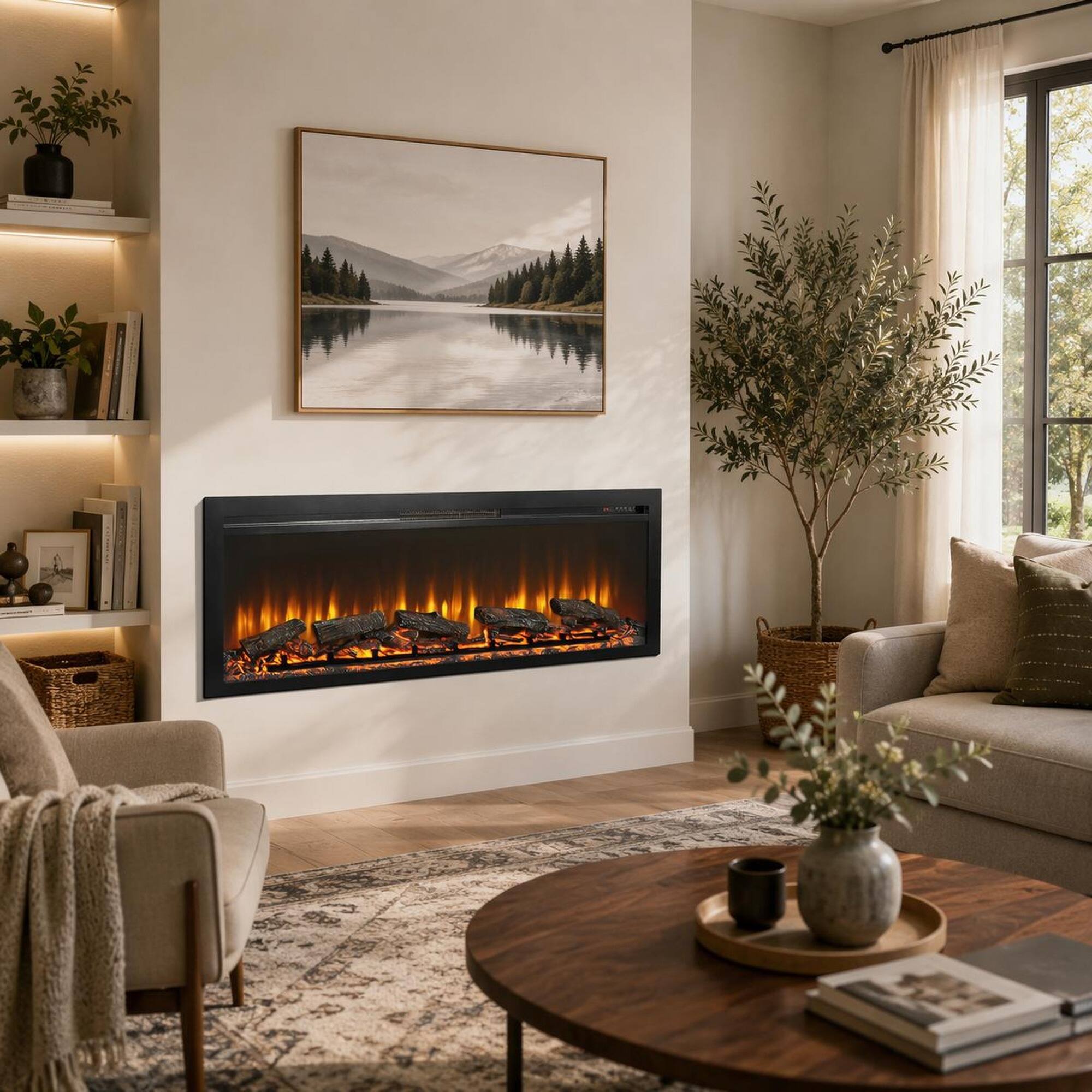 Angle. RYHNUYNE - 54 Inch In-Wall Recessed Electric Fireplace with Remote & Multi-Color Flame & Emberbed for Living Room - Antique Black.