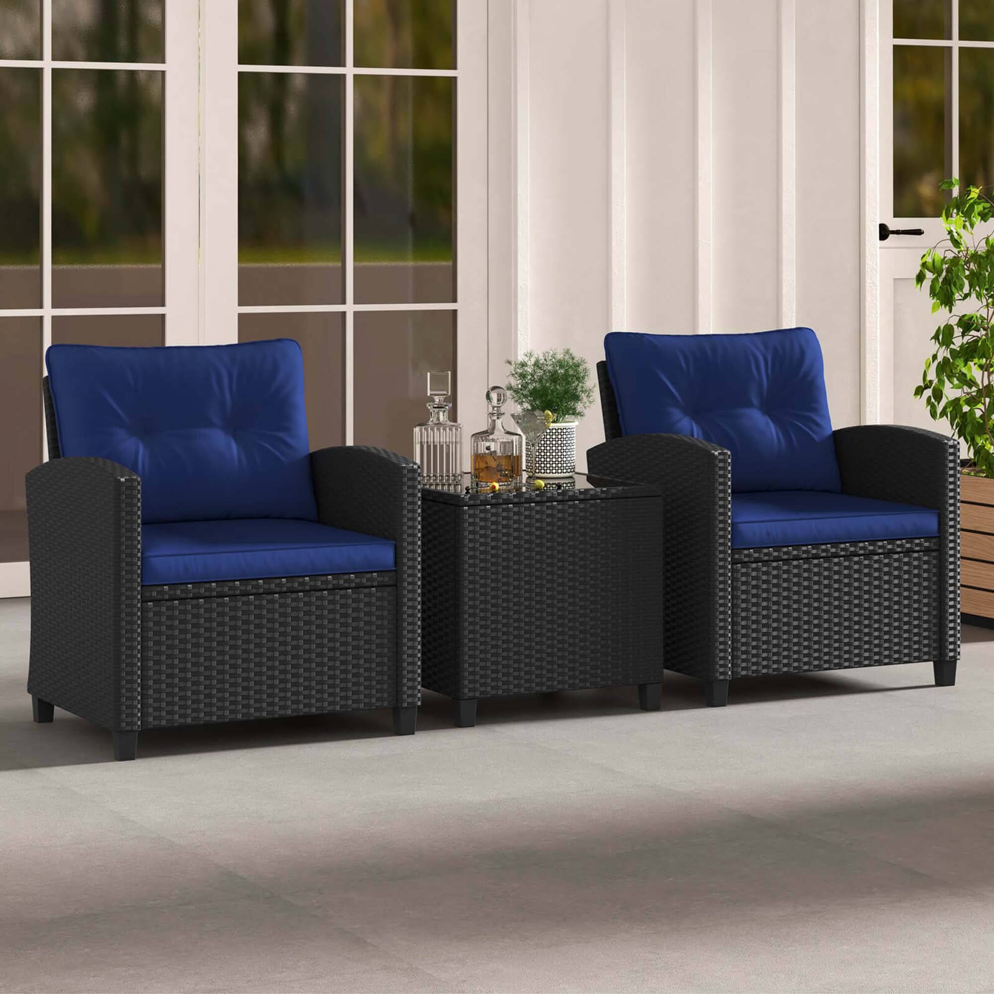 Alt View 5. Costway - 3 PCS Patio Furniture Set with Tempered Glass Coffee Table Washable Cushions - Navy,Black.