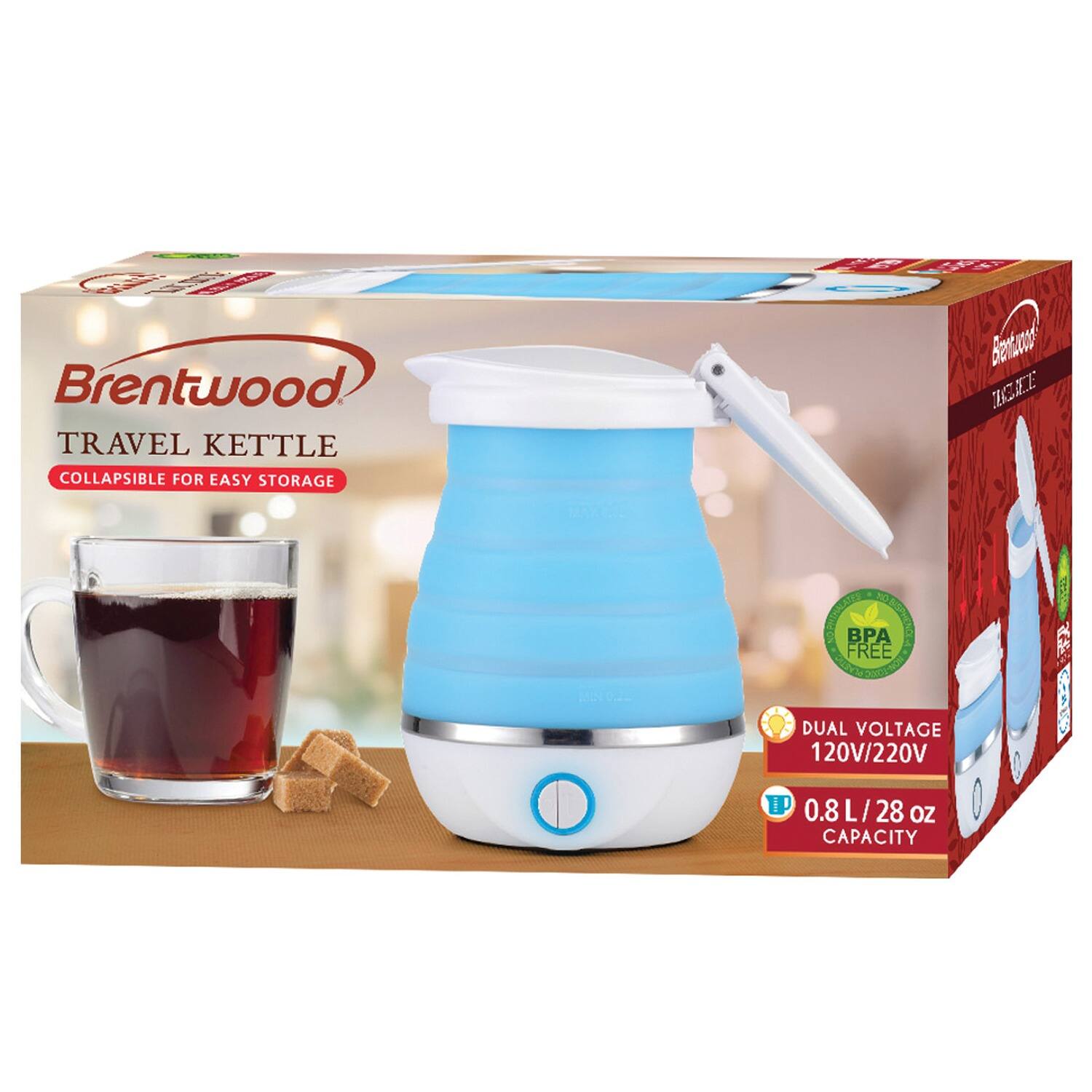Brentwood Travel Kettle  
Collapsible for Easy Storage  
BPA Free  
Dual Voltage 120V/220V  
0.8L / 28 oz Capacity