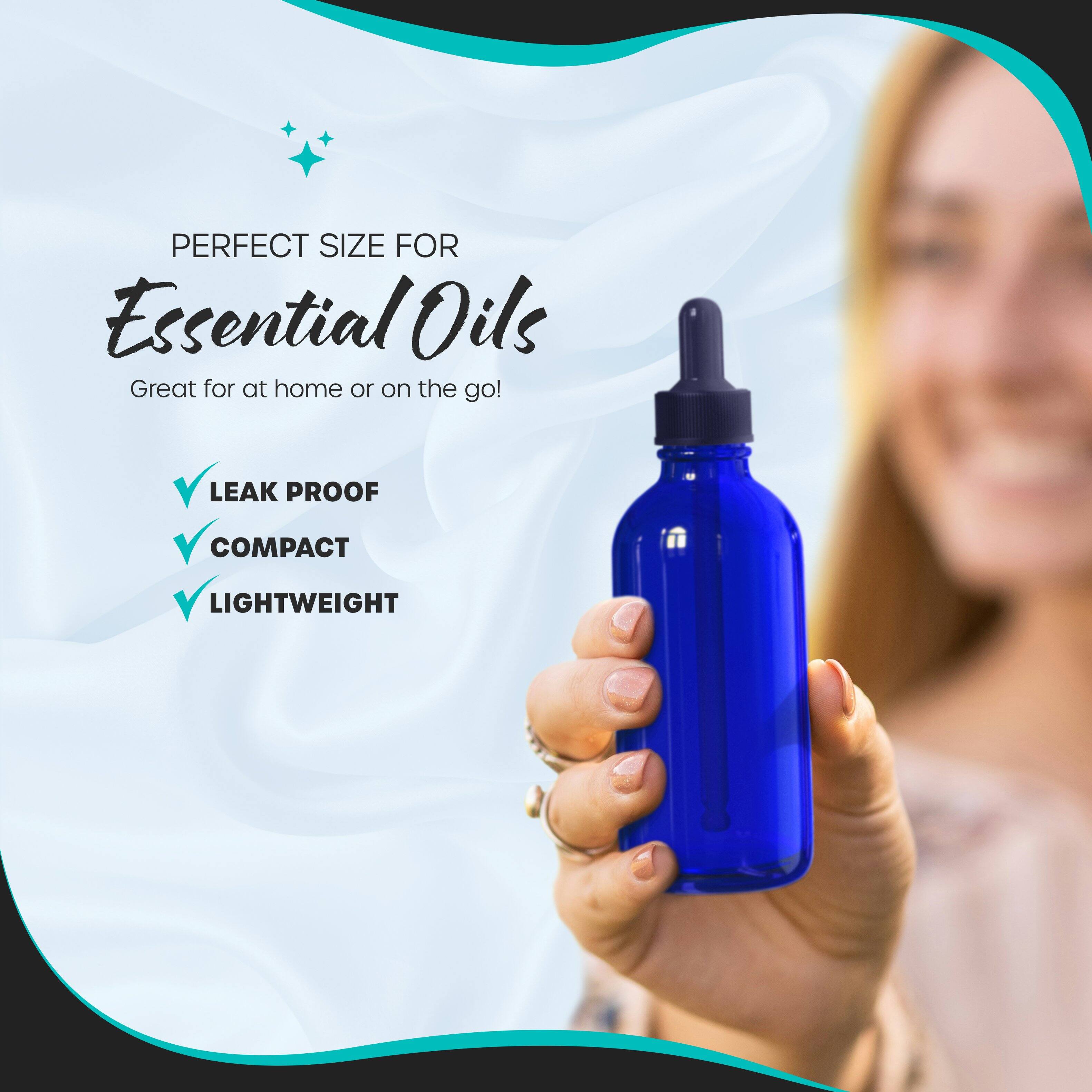 PERFECT SIZE FOR Essential Oils  
Great for at home or on the go!  
LEAK PROOF  
COMPACT  
LIGHTWEIGHT